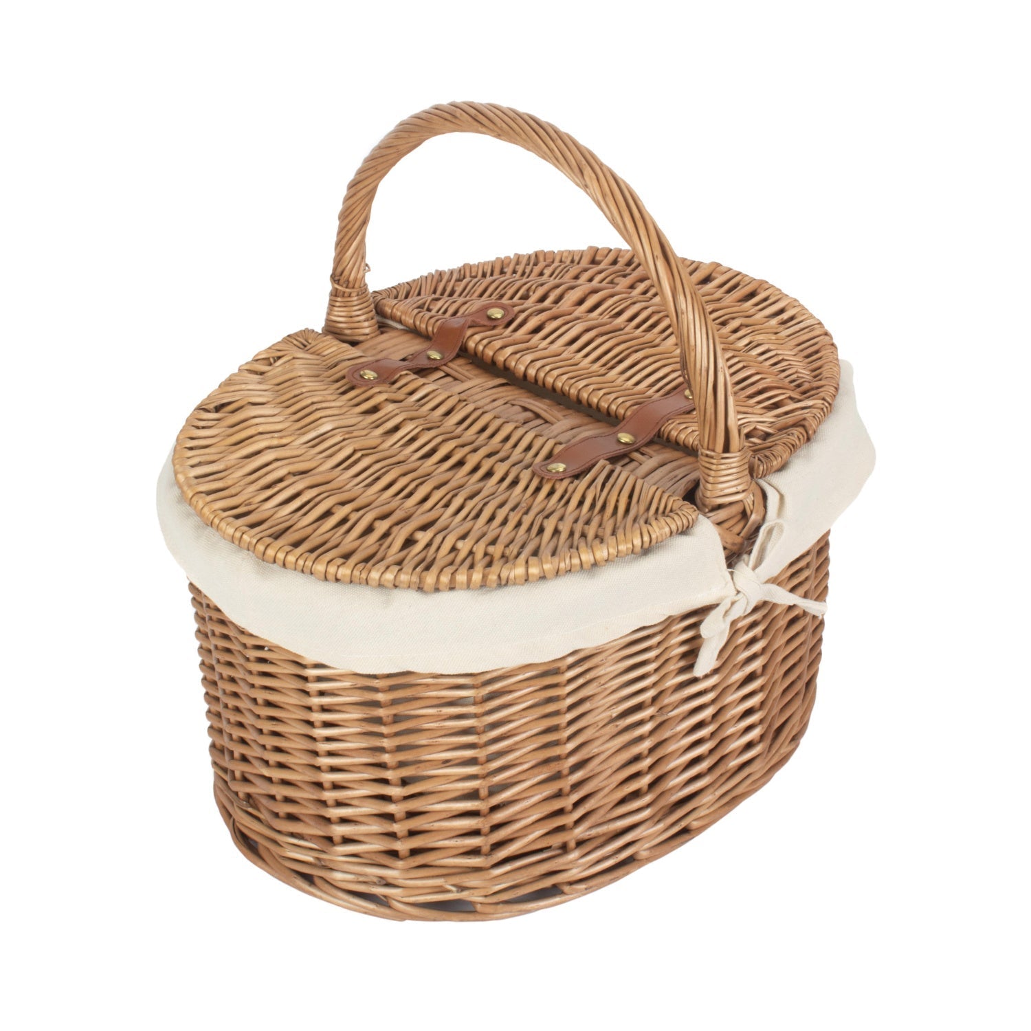 Light Steamed Willow Oval Lidded Picnic Hamper Basket with White Lining - REGN
