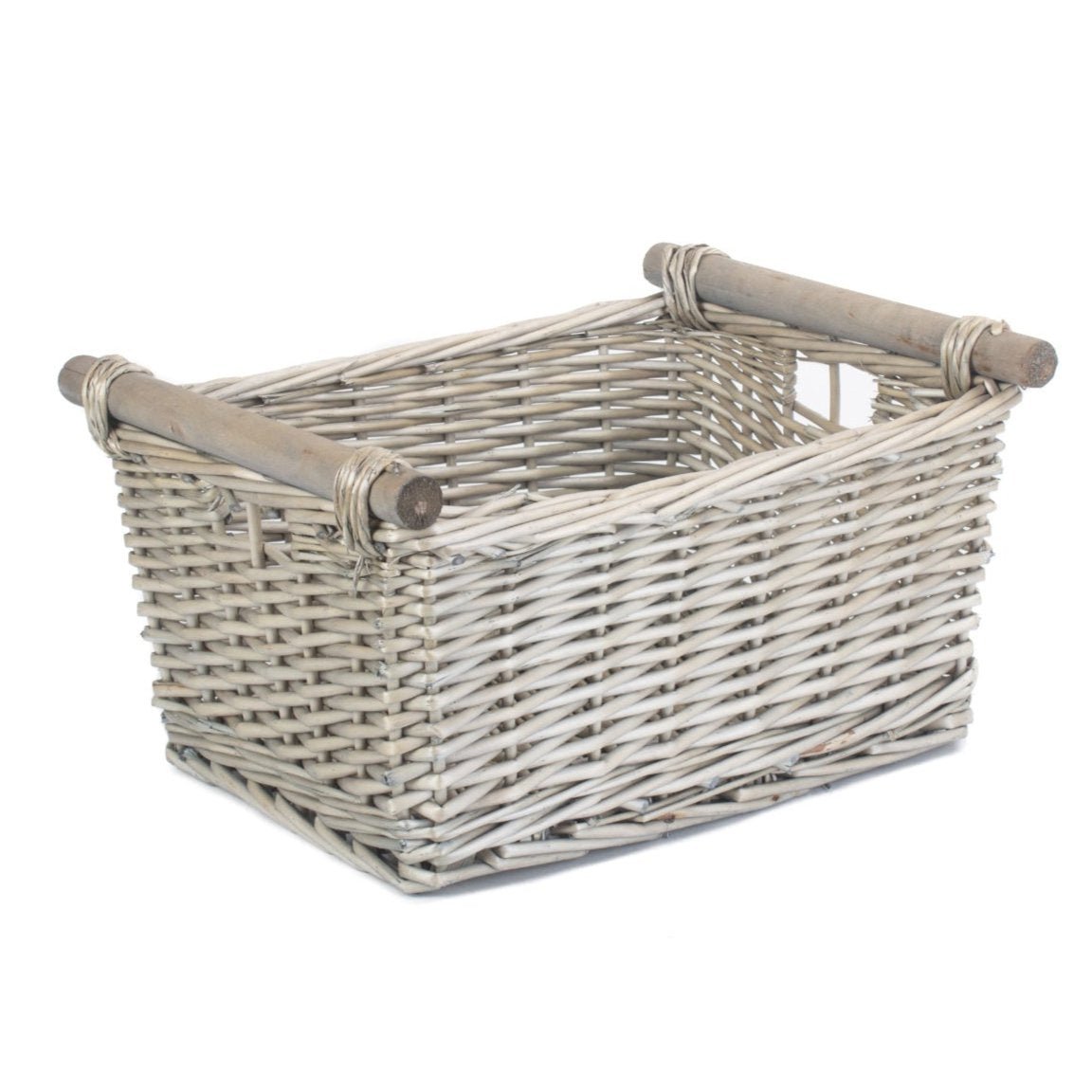 Medium Antique Wash Wooden Handled Storage Basket - REGN