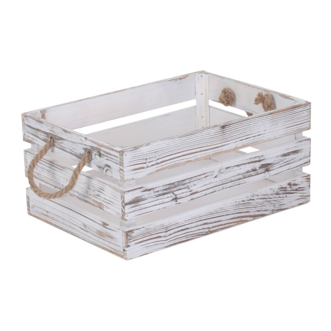 Medium Distressed White Wash Rope Handled Crate - REGN