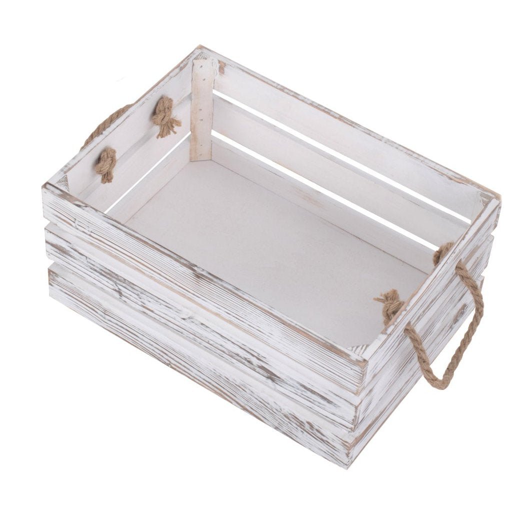 Medium Distressed White Wash Rope Handled Crate - REGN