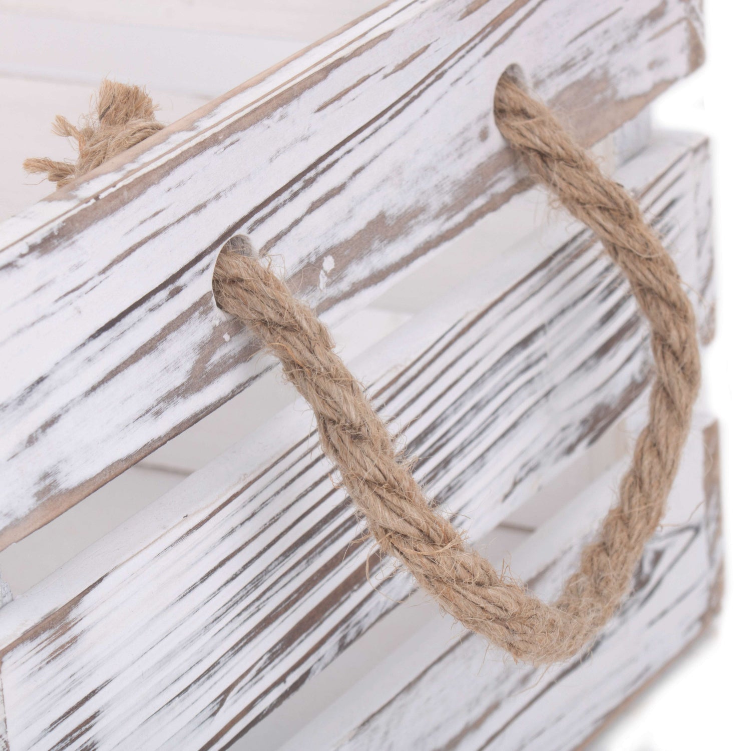Medium Distressed White Wash Rope Handled Crate - REGN