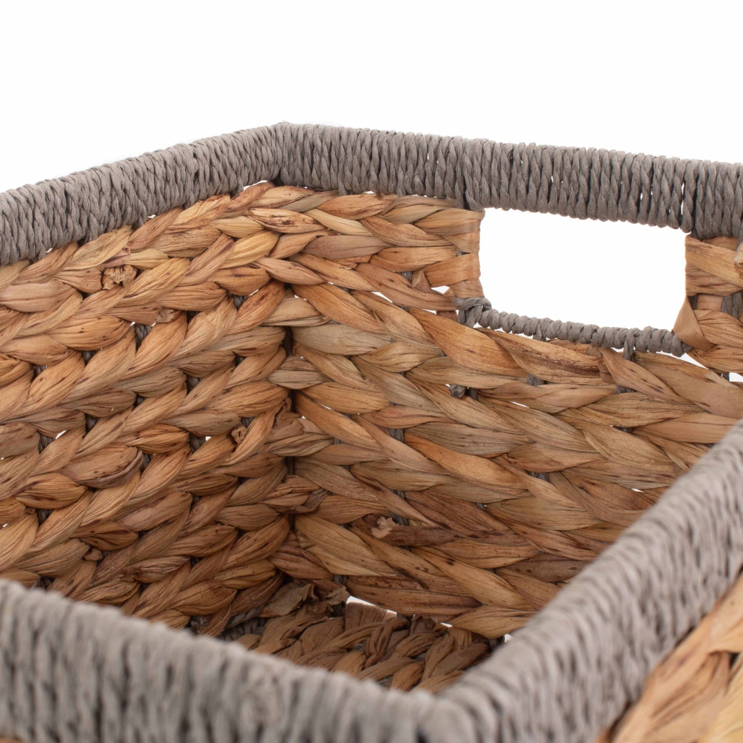 Medium Rectangular Water Hyacinth Storage Basket with Grey Rope Border - REGN