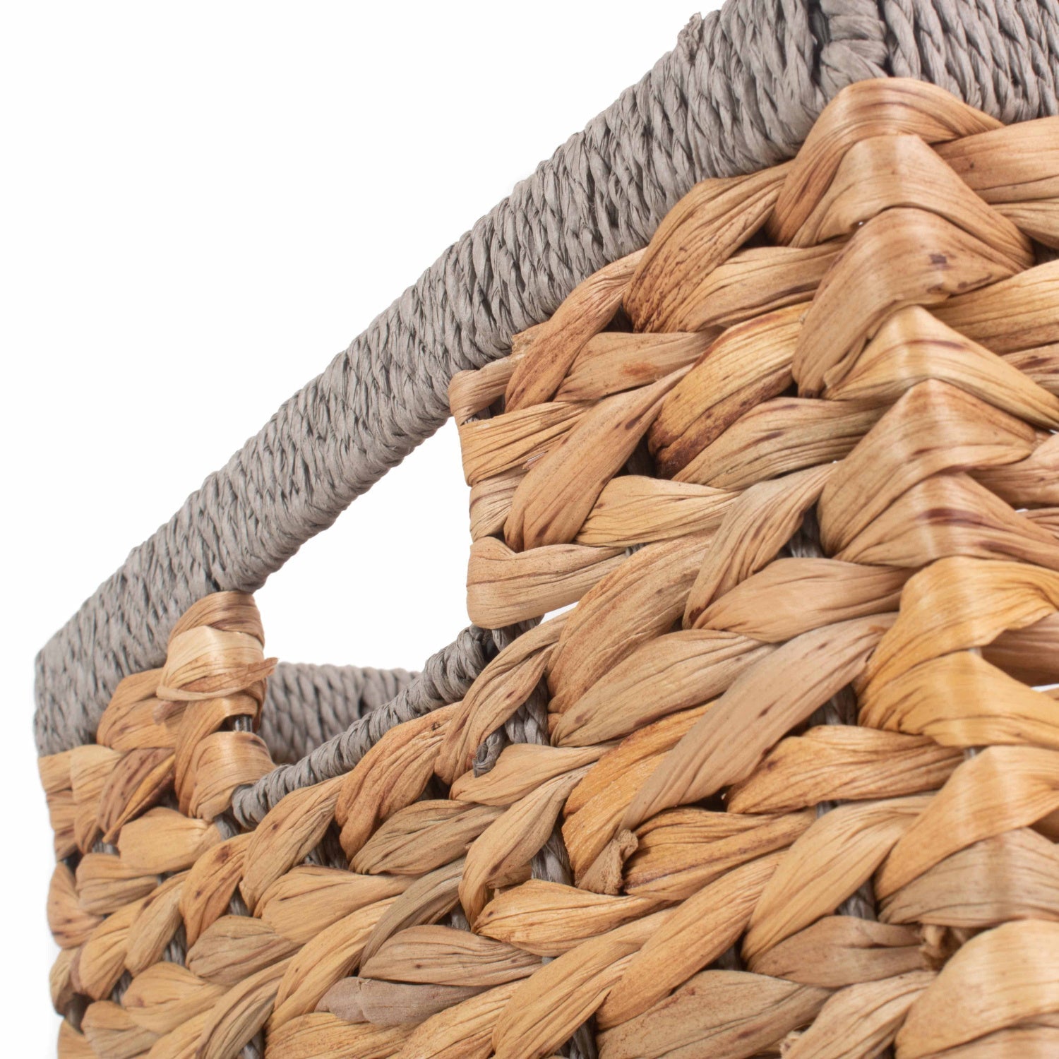 Medium Rectangular Water Hyacinth Storage Basket with Grey Rope Border - REGN