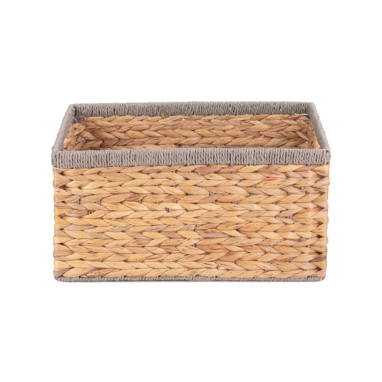 Medium Rectangular Water Hyacinth Storage Basket with Grey Rope Border - REGN