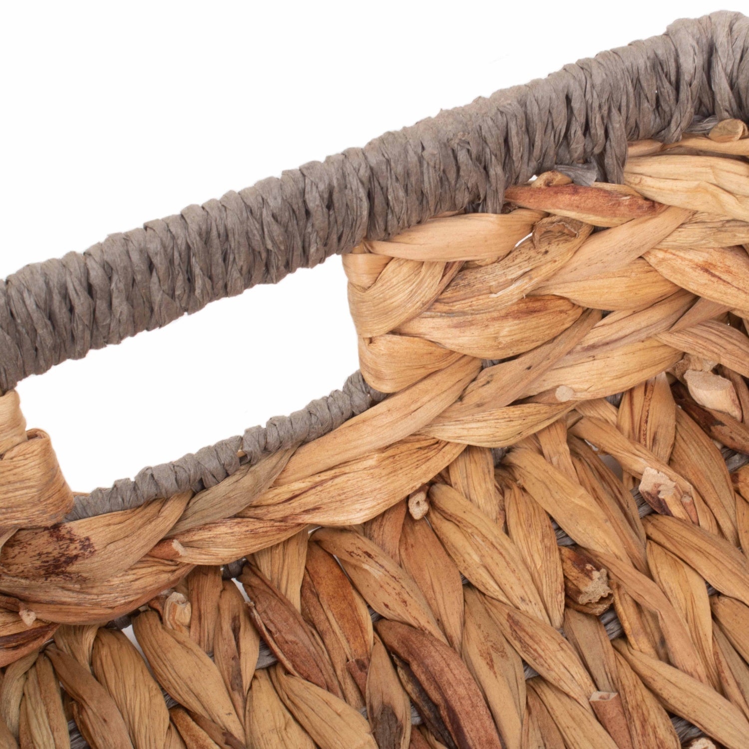 Medium Shallow Rectangular Water Hyacinth Storage Tray Basket with Grey Rope Border - REGN