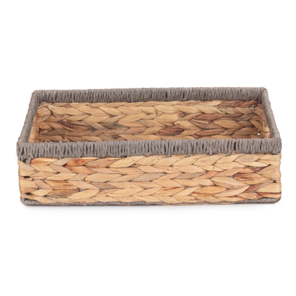 Medium Shallow Rectangular Water Hyacinth Storage Tray Basket with Grey Rope Border - REGN