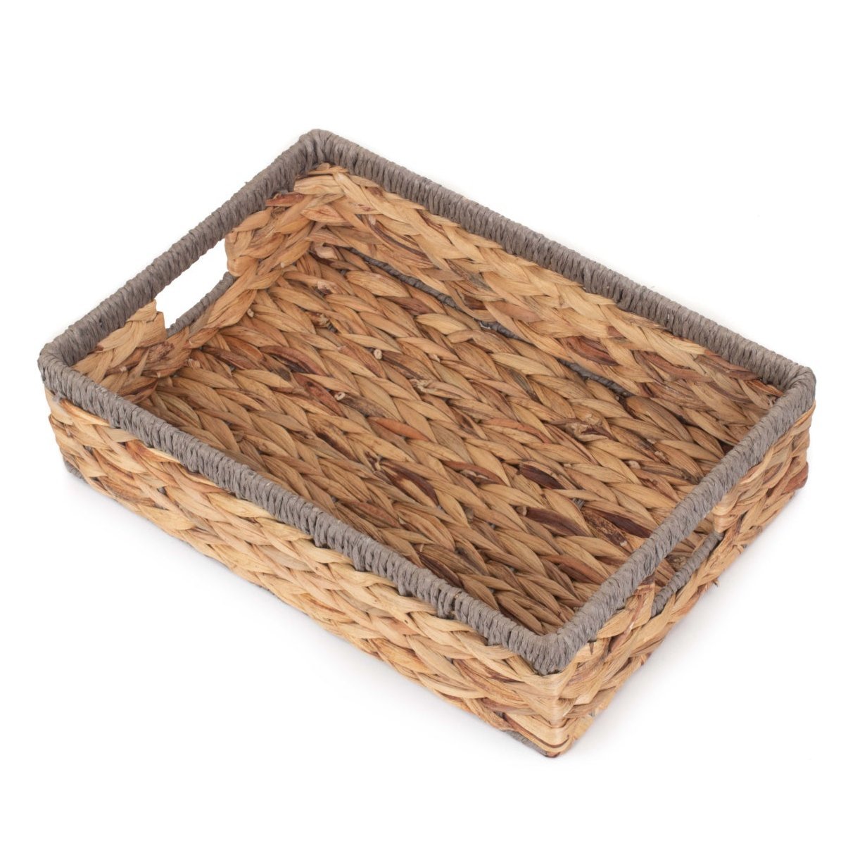 Medium Shallow Rectangular Water Hyacinth Storage Tray Basket with Grey Rope Border - REGN