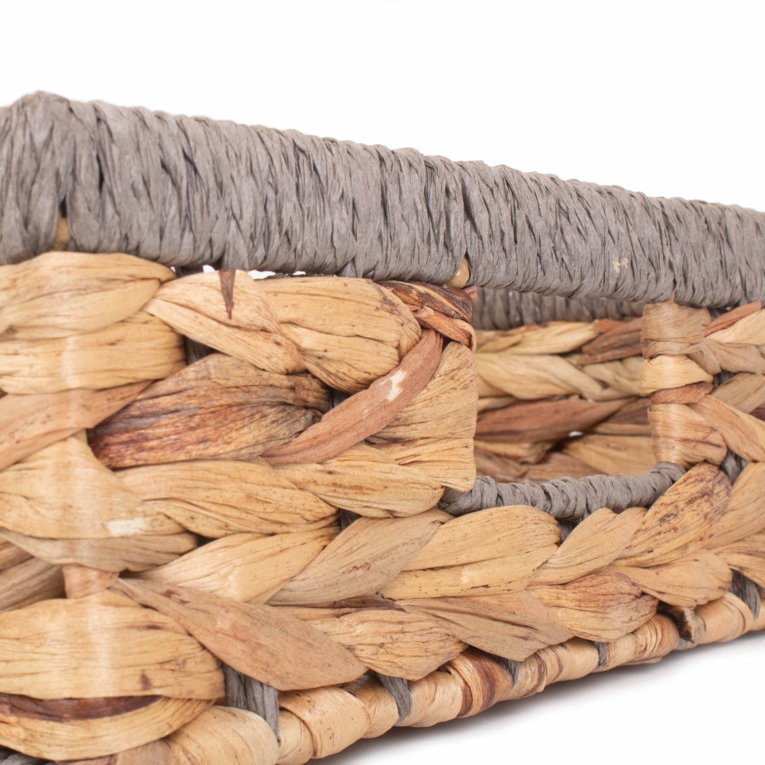 Medium Shallow Rectangular Water Hyacinth Storage Tray Basket with Grey Rope Border - REGN