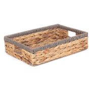 Medium Shallow Rectangular Water Hyacinth Storage Tray Basket with Grey Rope Border - REGN