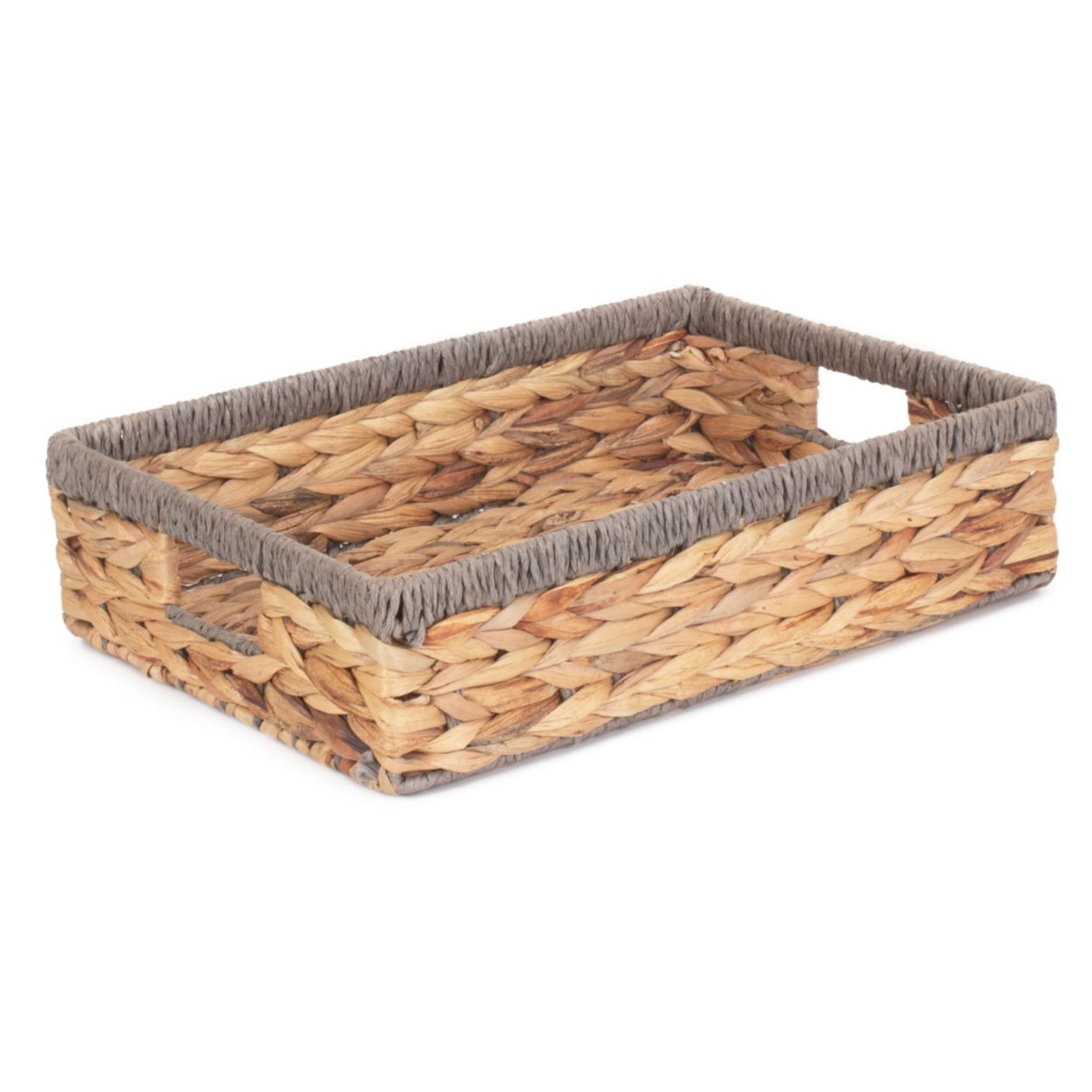 Medium Shallow Rectangular Water Hyacinth Storage Tray Basket with Grey Rope Border - REGN