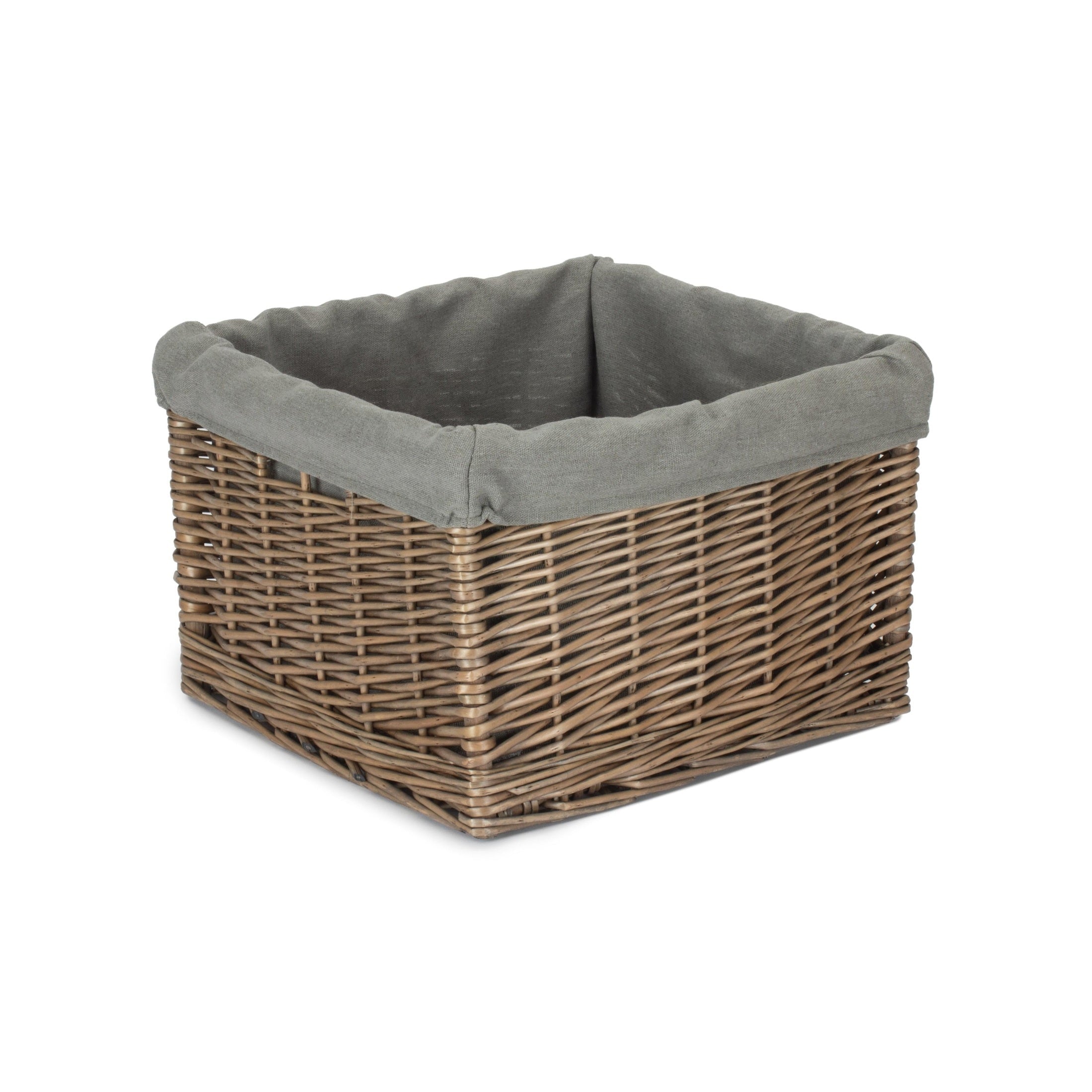 Medium Square Antique Wash Willow Storage Basket with Grey Sage Lining - REGN