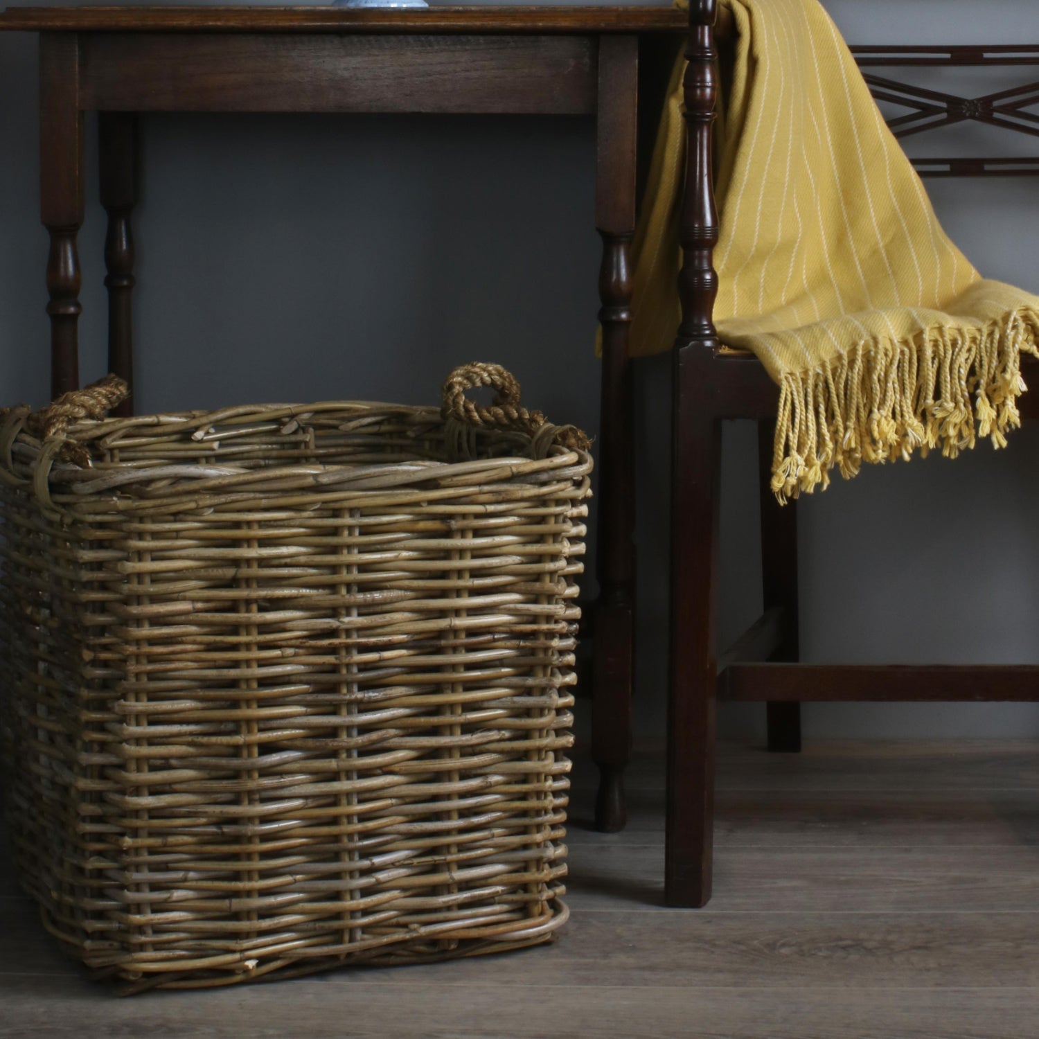 Medium Square Grey Rattan Log Basket - REGN