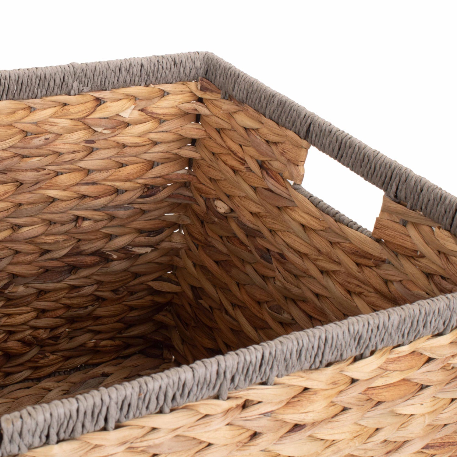Medium Square Water Hyacinth Storage Basket with Grey Rope Border - REGN