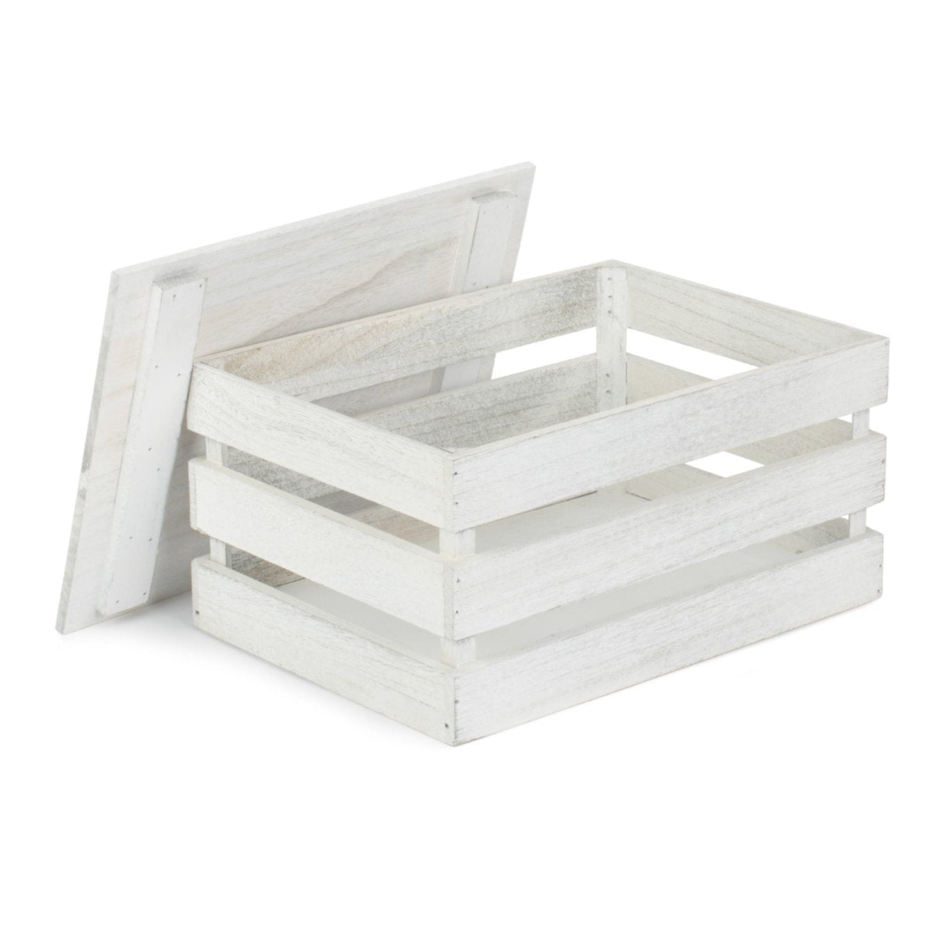 Medium Vintage White Wash Slatted Wooden Box with Lid - REGN