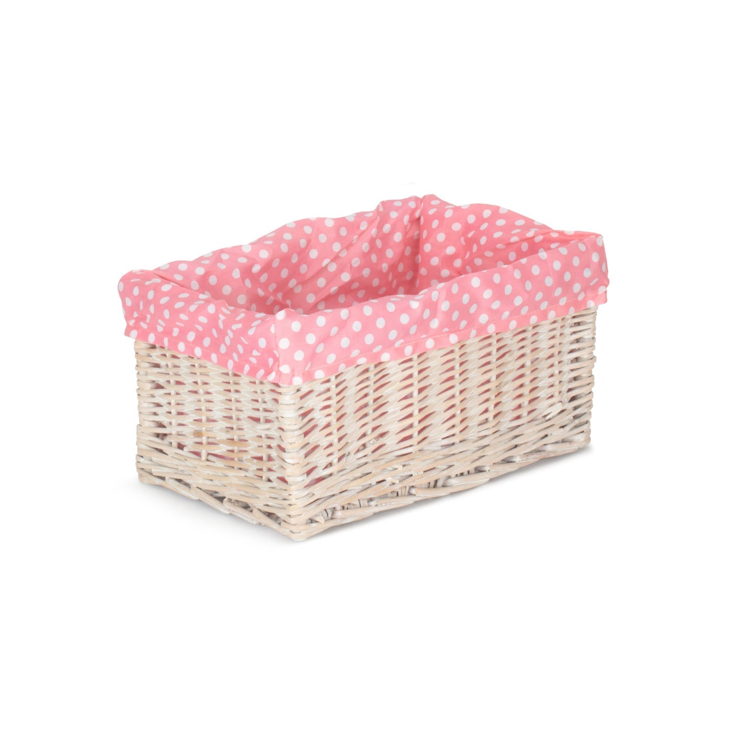 Medium White Wash Willow Storage Basket with Pink Spotty Lining - REGN