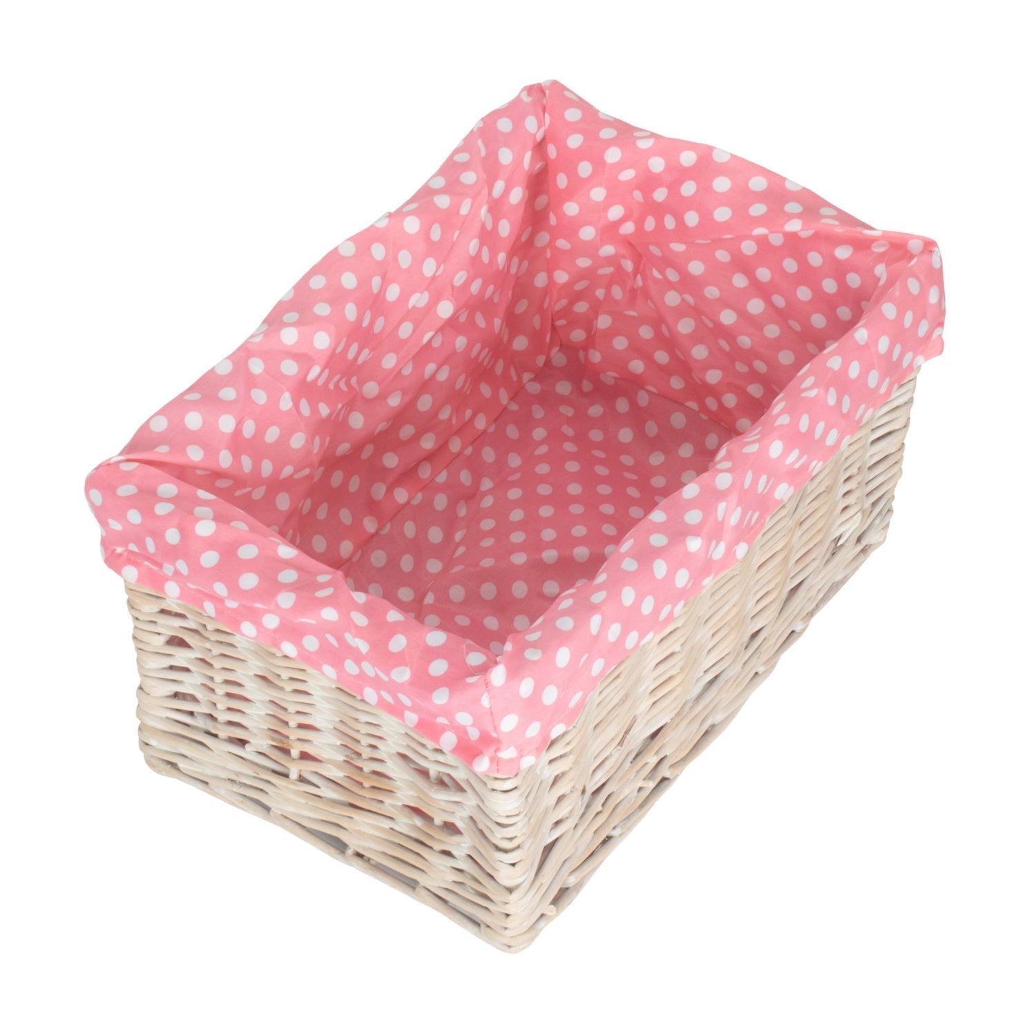 Medium White Wash Willow Storage Basket with Pink Spotty Lining - REGN