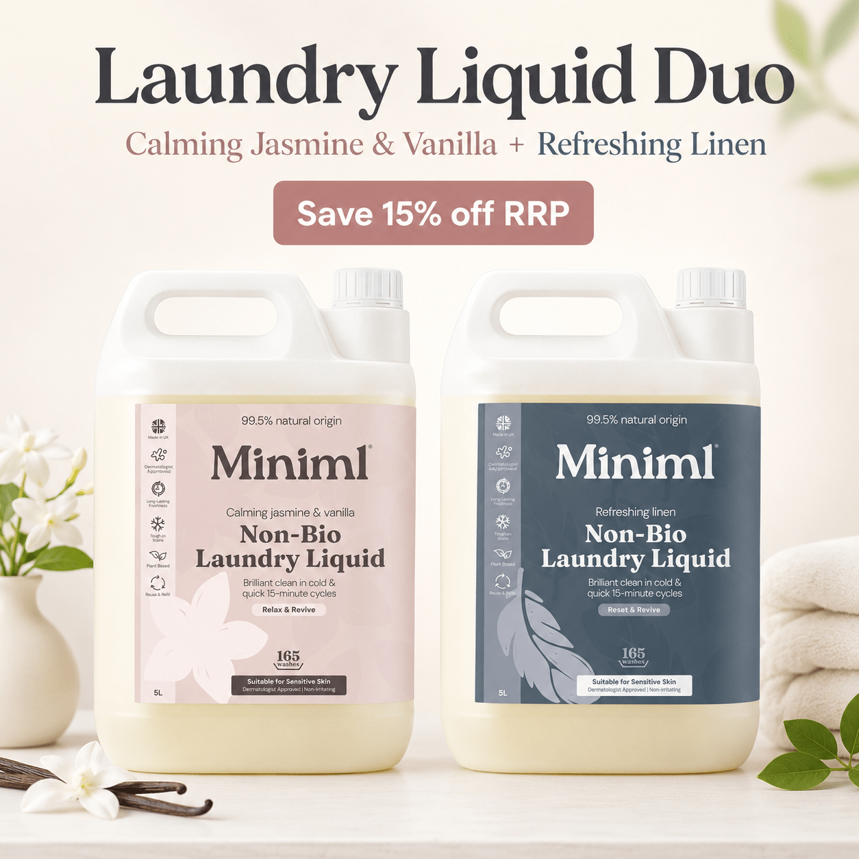 Miniml Laundry Liquid 5L Duo Bundle – Refreshing Linen & Wild Jasmine + Vanilla - REGN