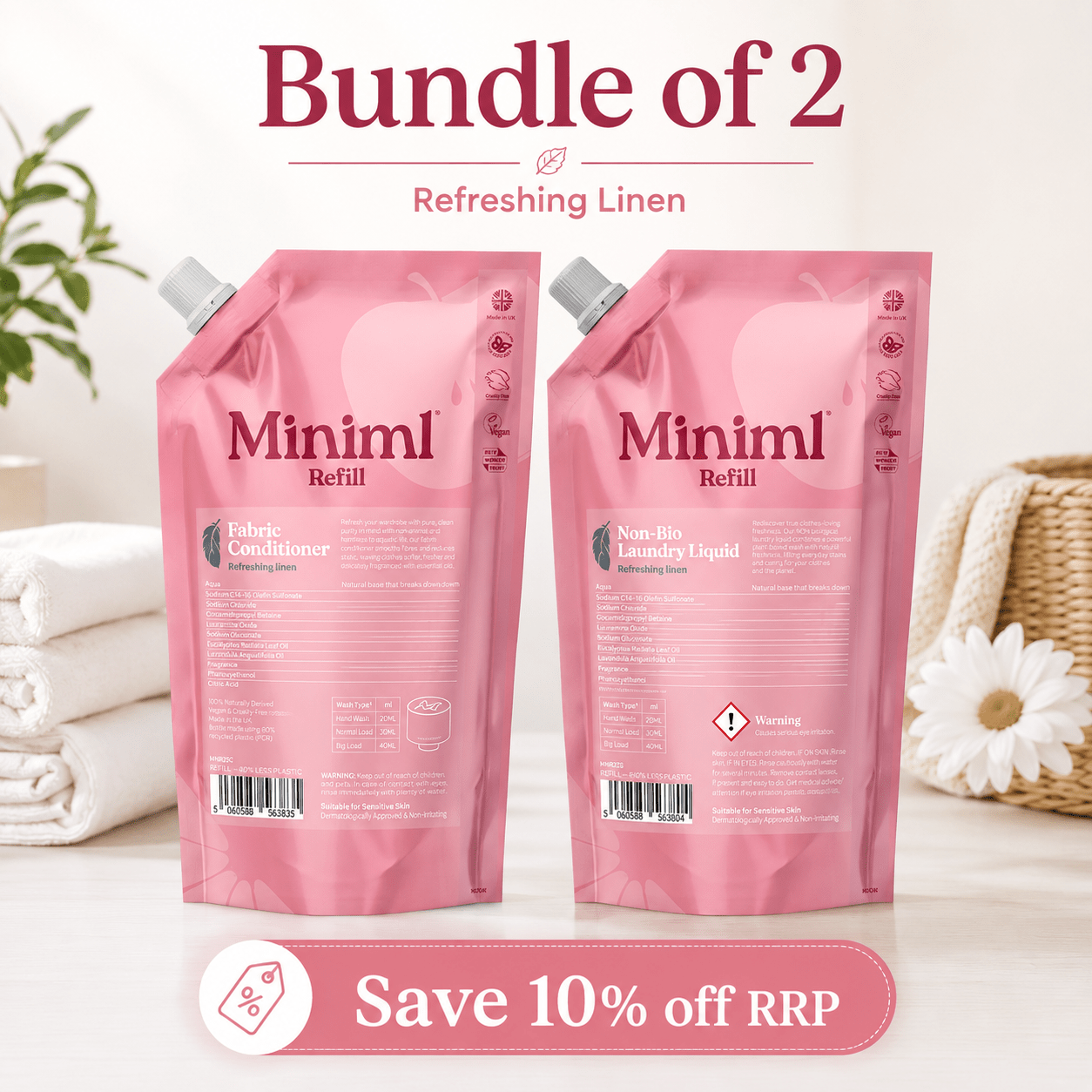 Miniml Refreshing Linen Laundry Bundle – 1L Laundry Liquid & Fabric Conditioner - REGN