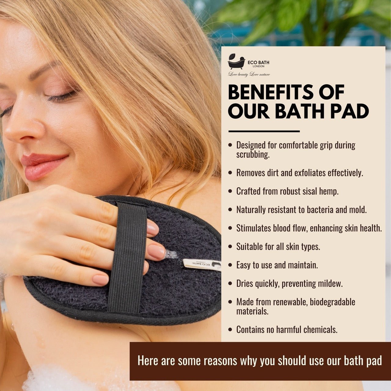 Natural Sisal Hemp Bath Pad Black - REGN