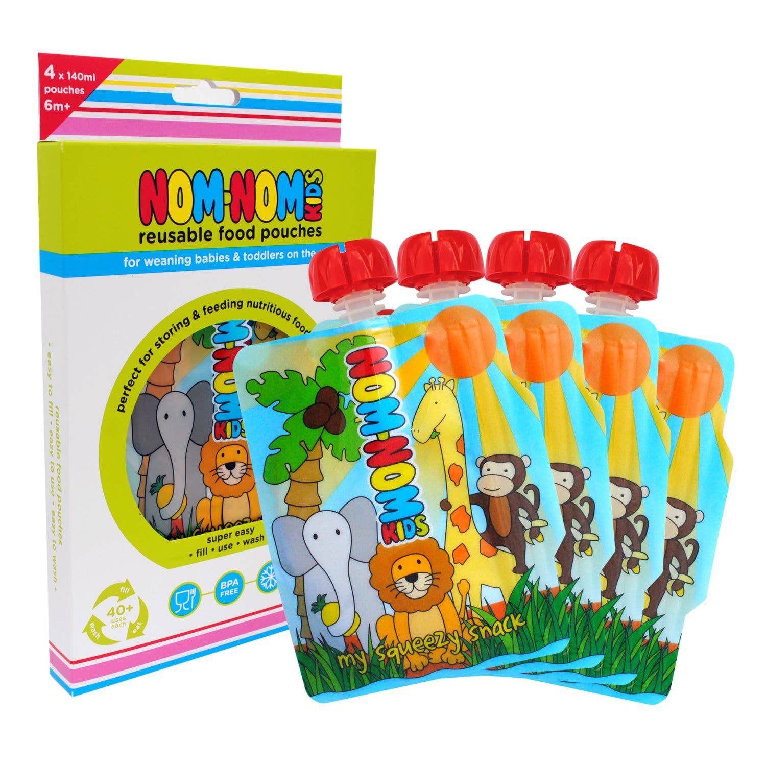 Nom Nom Kids Reusable Food Pouches 140ml Animal Pouches 4 Pack - REGN
