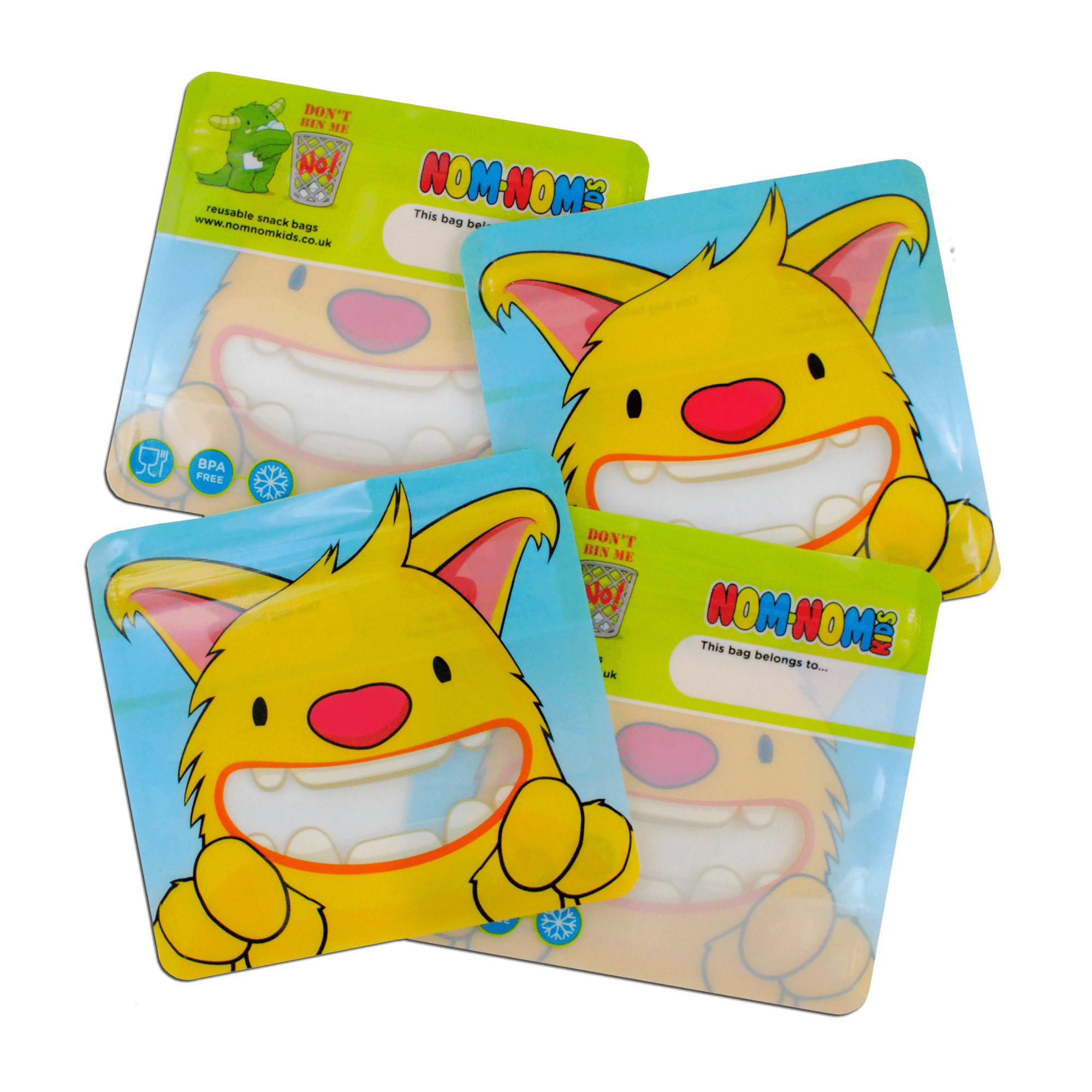 Nom Nom Kids Yellow Monster Reusable Snack Bags 4 Pack Stand Up Design - REGN