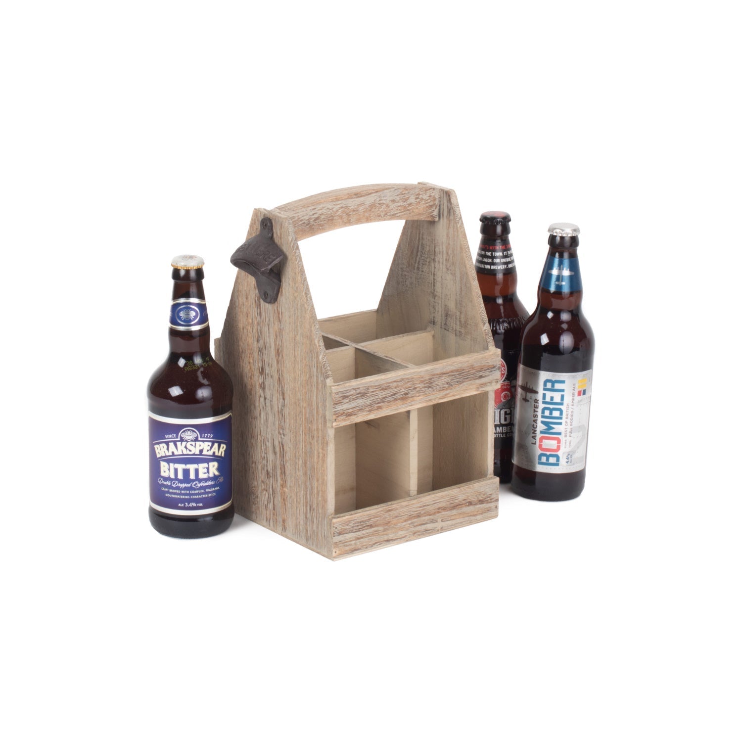 Oak Effect 4 Beer Bottle Carrier With Bottle Opener - REGN