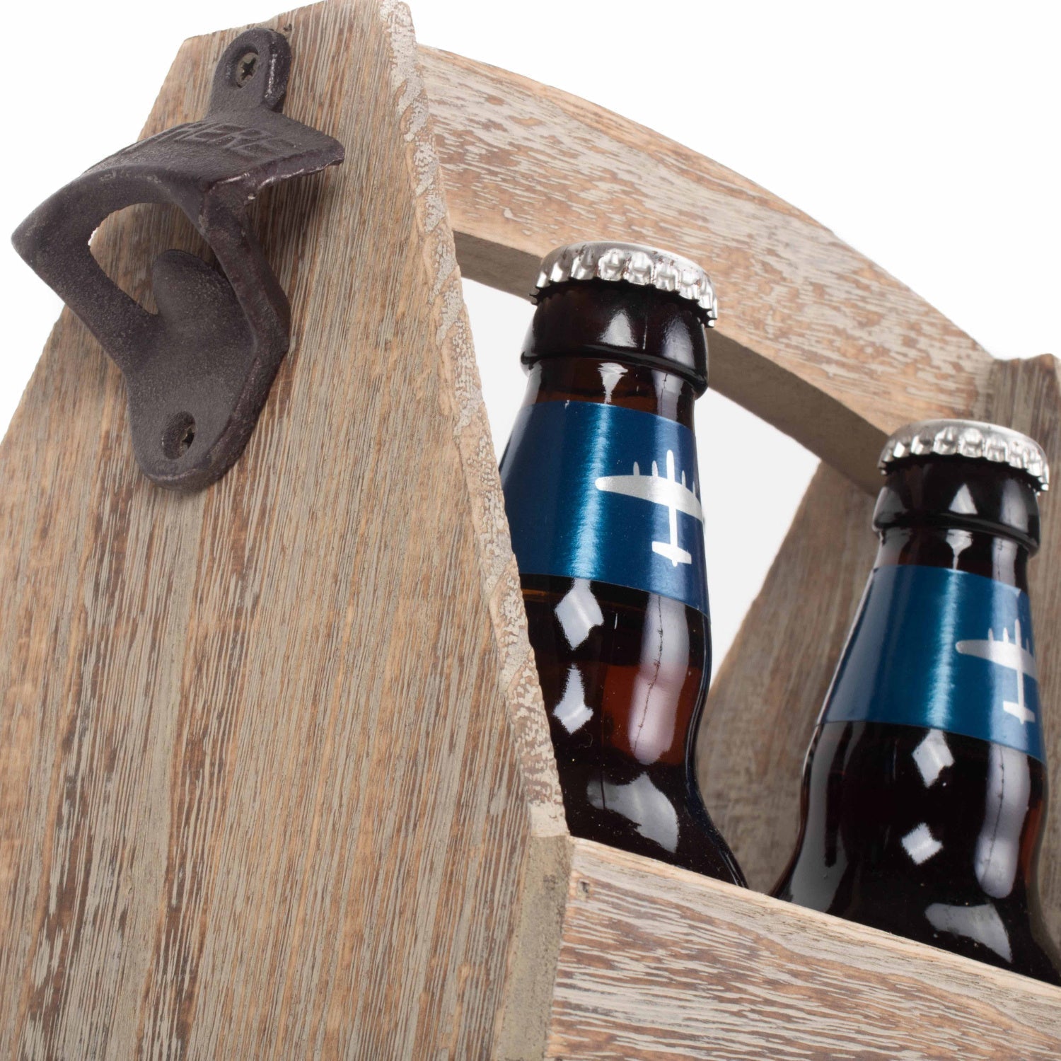 Oak Effect 4 Beer Bottle Carrier With Bottle Opener - REGN