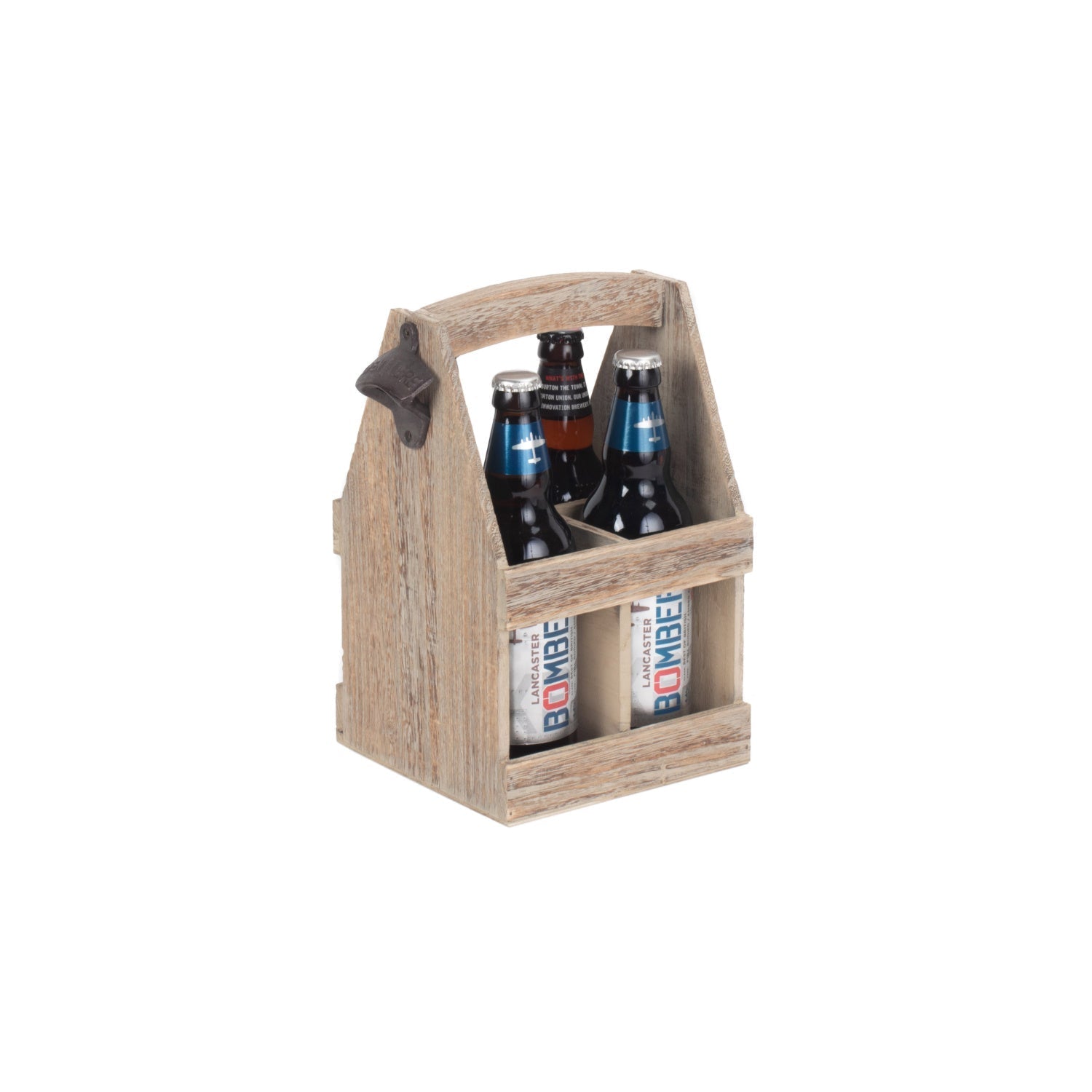 Oak Effect 4 Beer Bottle Carrier With Bottle Opener - REGN
