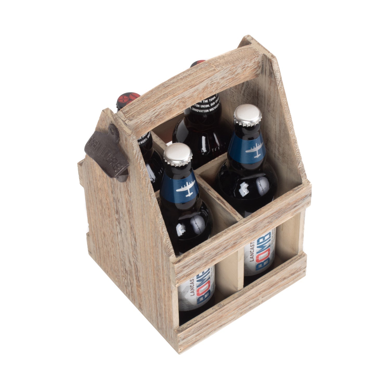 Oak Effect 4 Beer Bottle Carrier With Bottle Opener - REGN