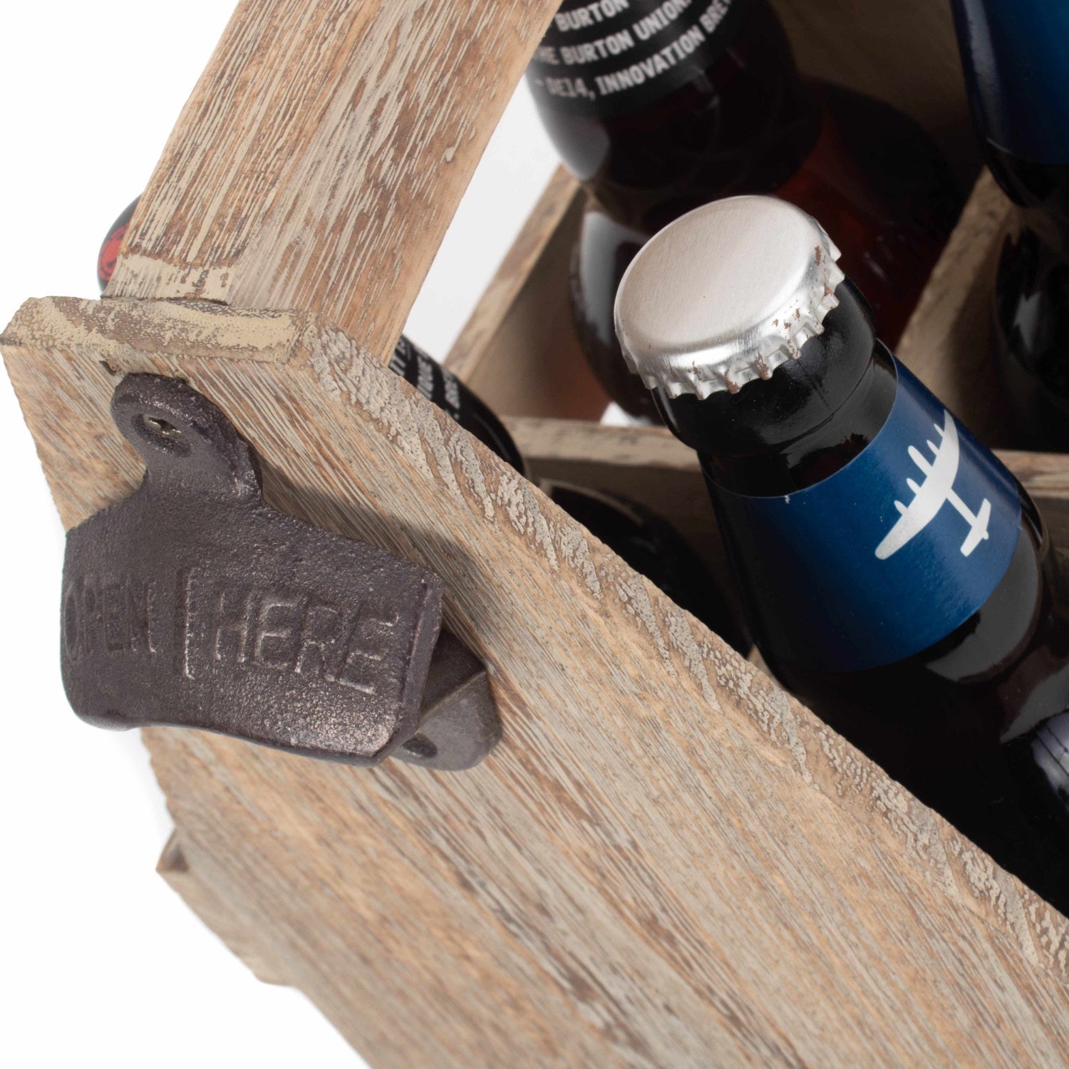Oak Effect 4 Beer Bottle Carrier With Bottle Opener - REGN