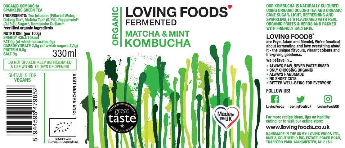 Organic Kombucha Matcha & Mint – Unpasteurised Fermented Tea Drink 330ml - REGN