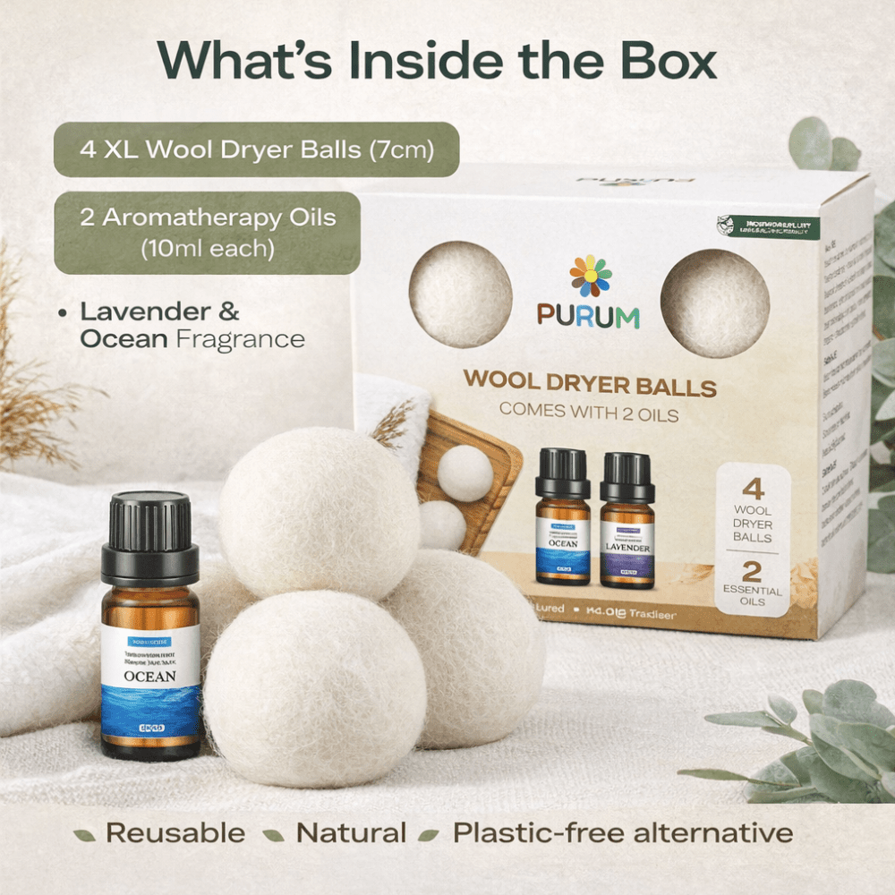 Organic Wool Dryer Balls (4 Pack) - Comes With 2 Scented Essential Oils - REGN