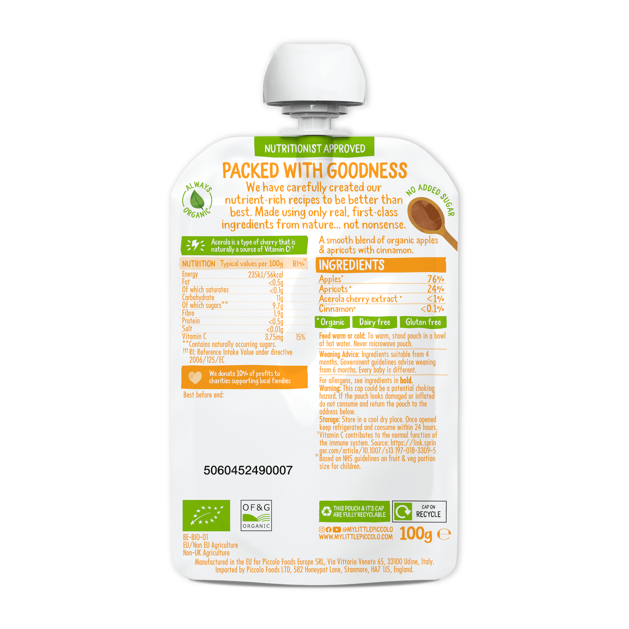 Piccolo Organic Apple & Apricot Baby Food Pouch 100g 4m+ - REGN