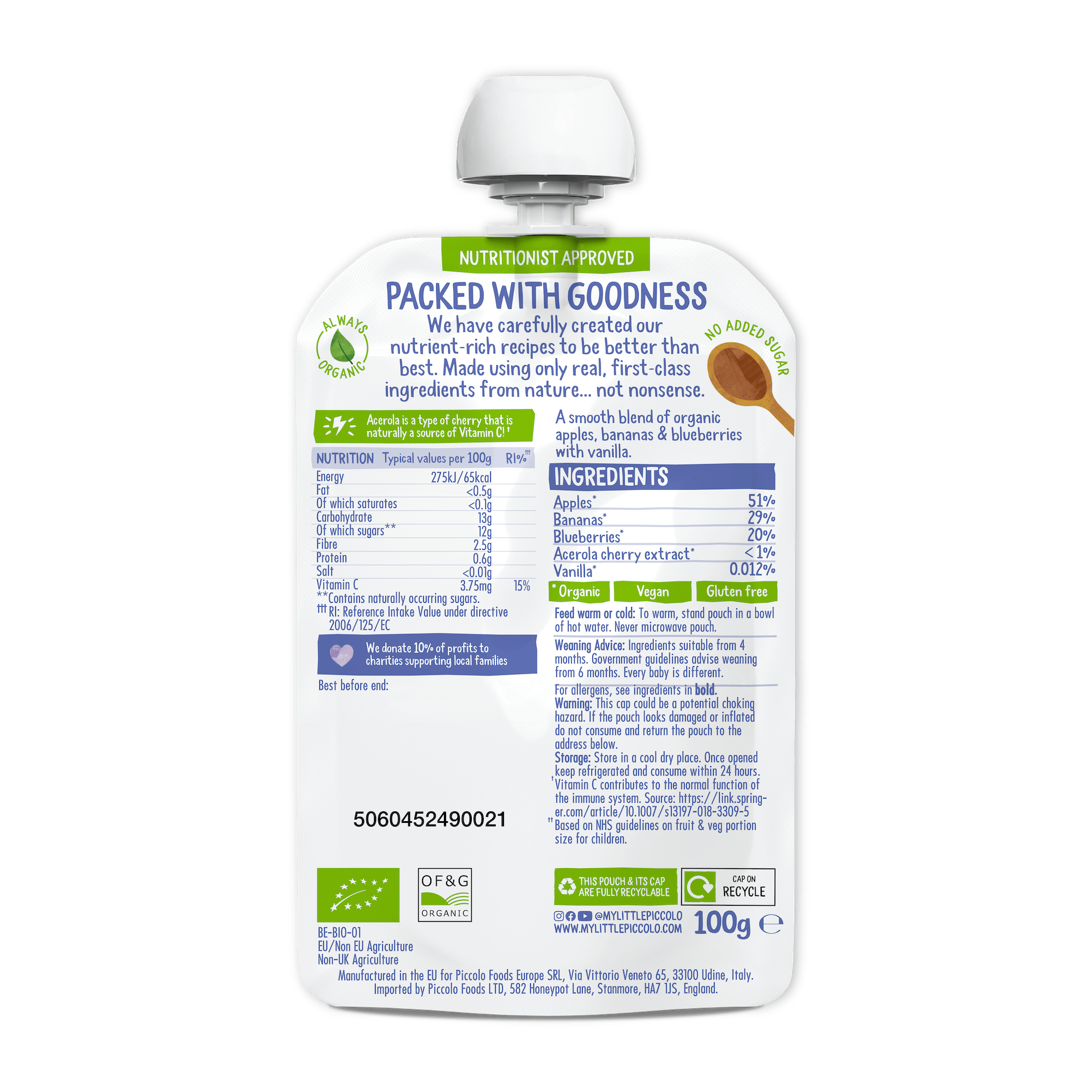 Piccolo Organic Apple Banana & Blueberry Baby Food Pouch 100g 4m+ - REGN