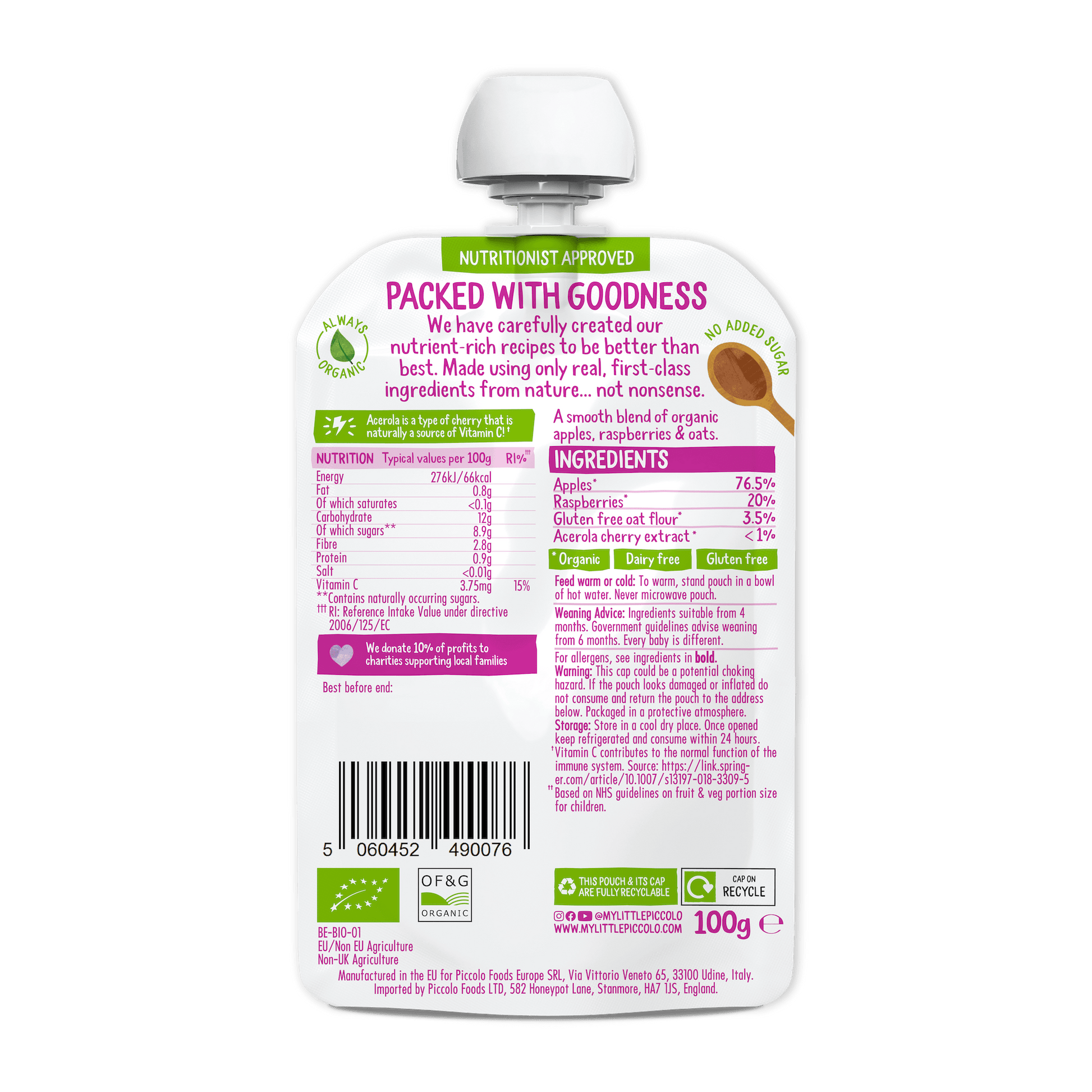 Piccolo Organic Apple & Raspberry Baby Food Pouch 100g 4m+ - REGN