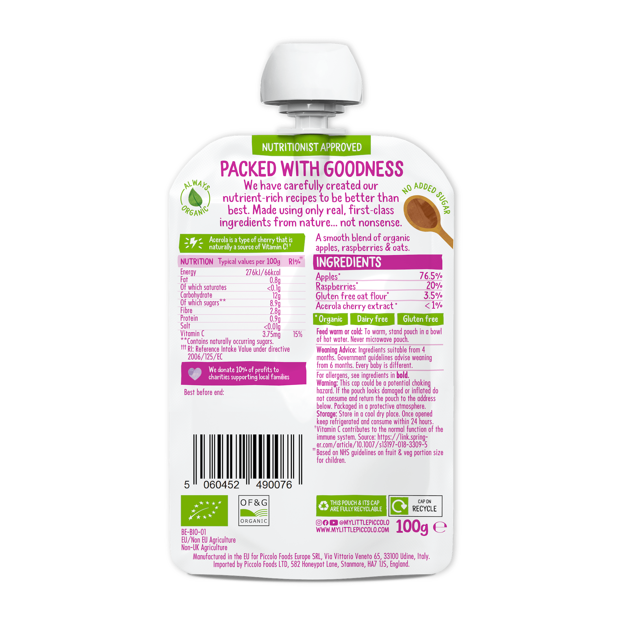 Piccolo Organic Apple & Raspberry Baby Food Pouch 100g 4m+ - REGN