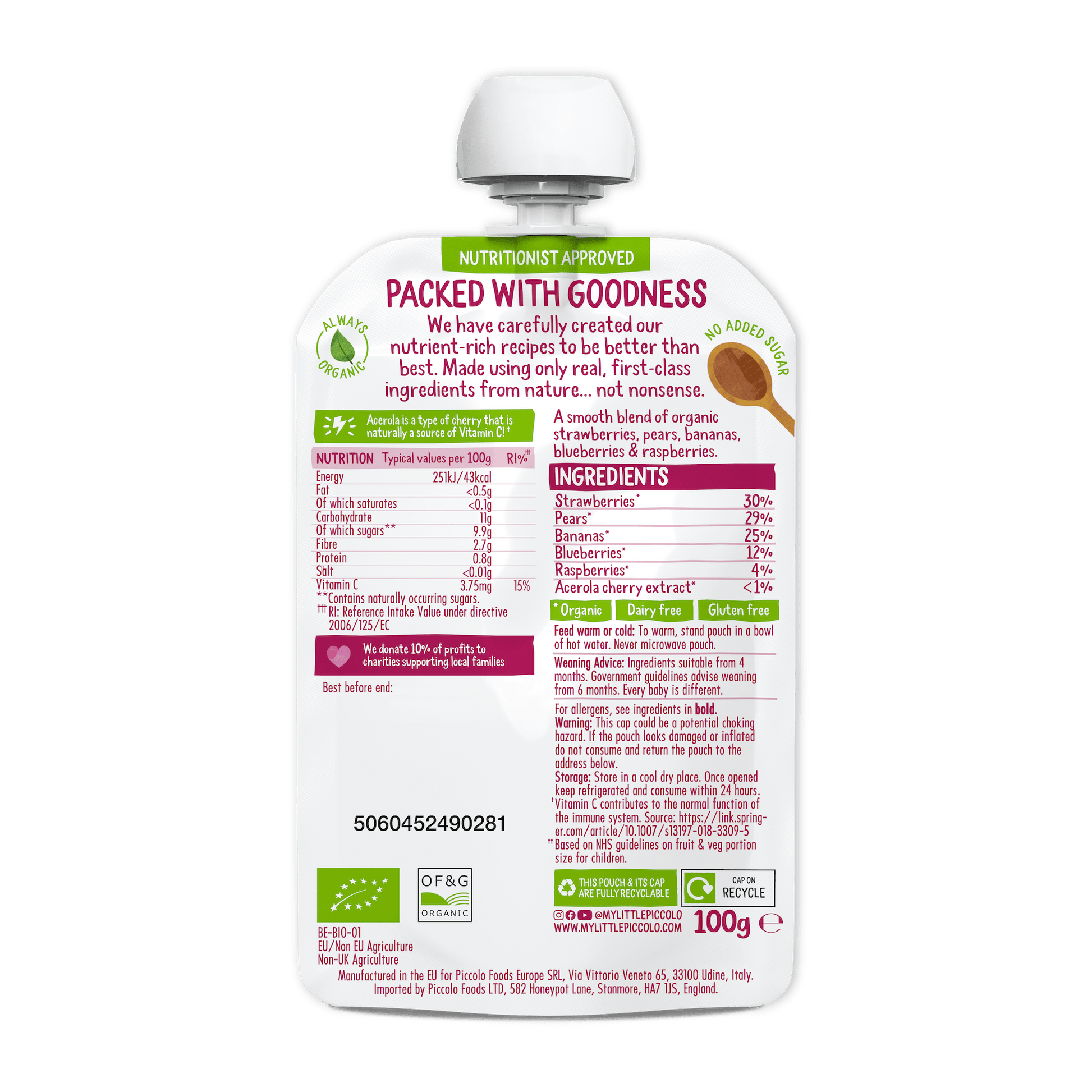 Piccolo Organic Blushing Berries Pear & Banana Baby Food 100g 4m+ - REGN