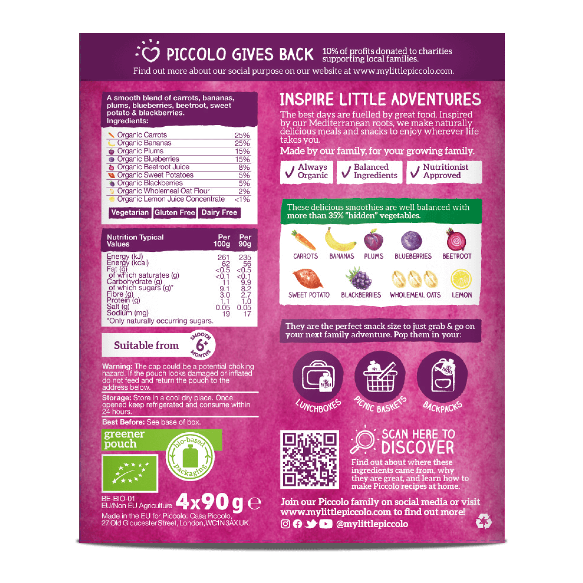 Piccolo Organic Mighty Purple Smoothies 4 x 90g Baby Fruit Smoothie 6m+ - REGN