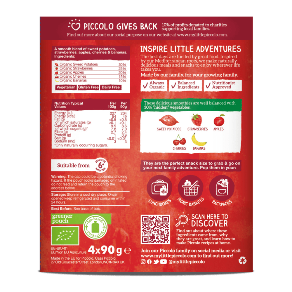 Piccolo Organic Mighty Red Smoothies 4 x 90g Baby Fruit Smoothie 6m+ - REGN