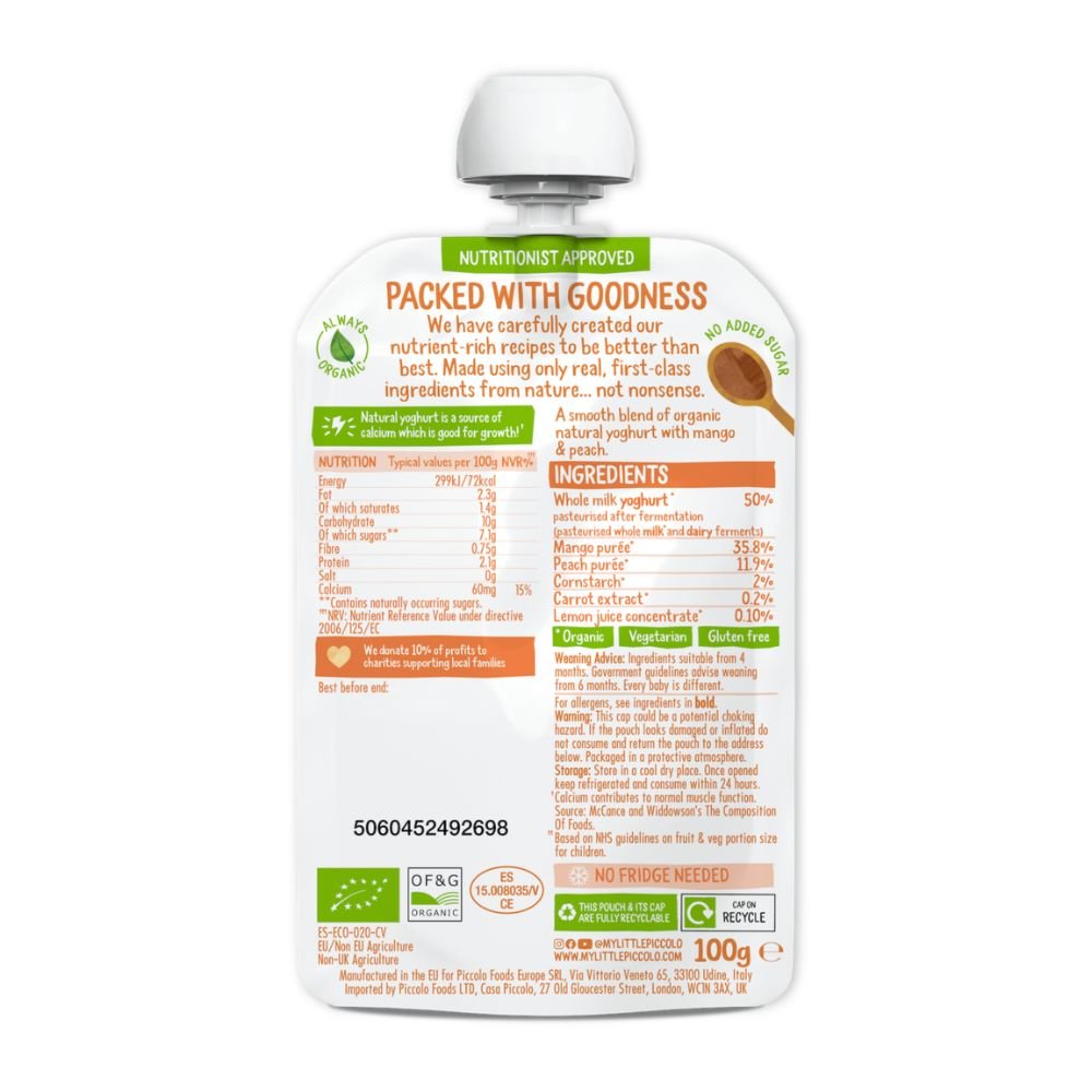 Piccolo Organic Natural Yoghurt Mango & Peach Baby Food 100g - REGN