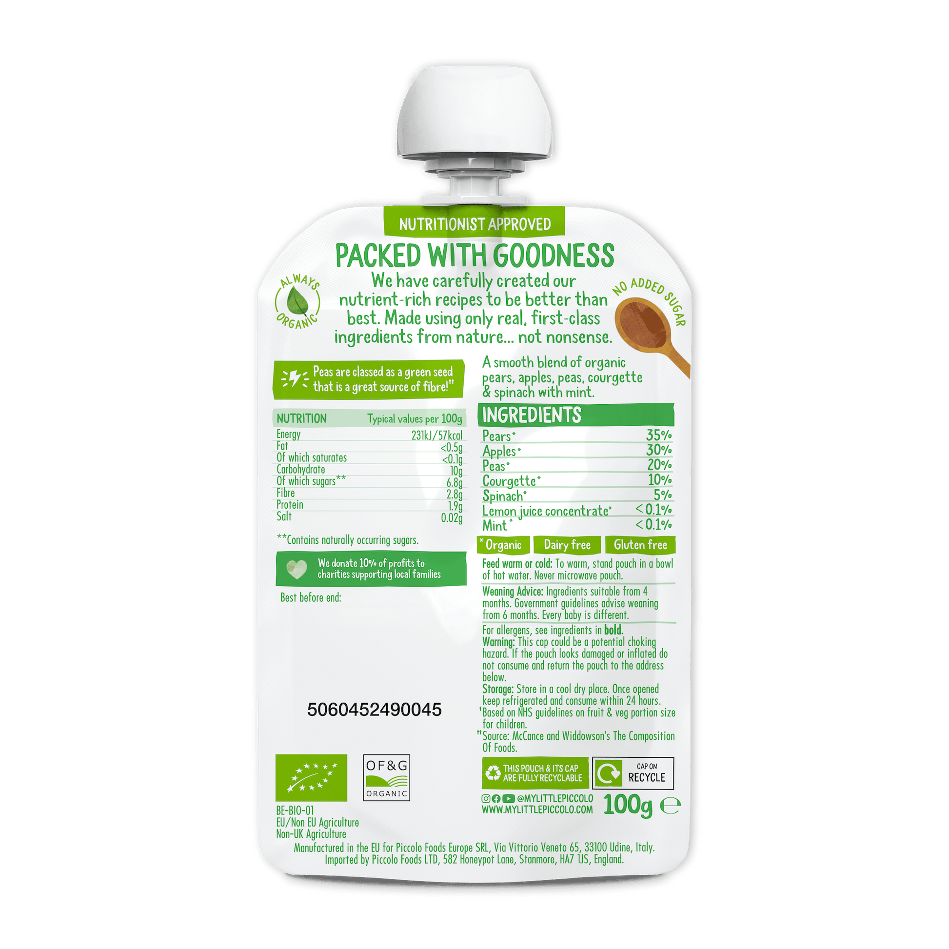 Piccolo Organic Pear Apple & Spring Greens Baby Food Pouch 100g 4m+ - REGN