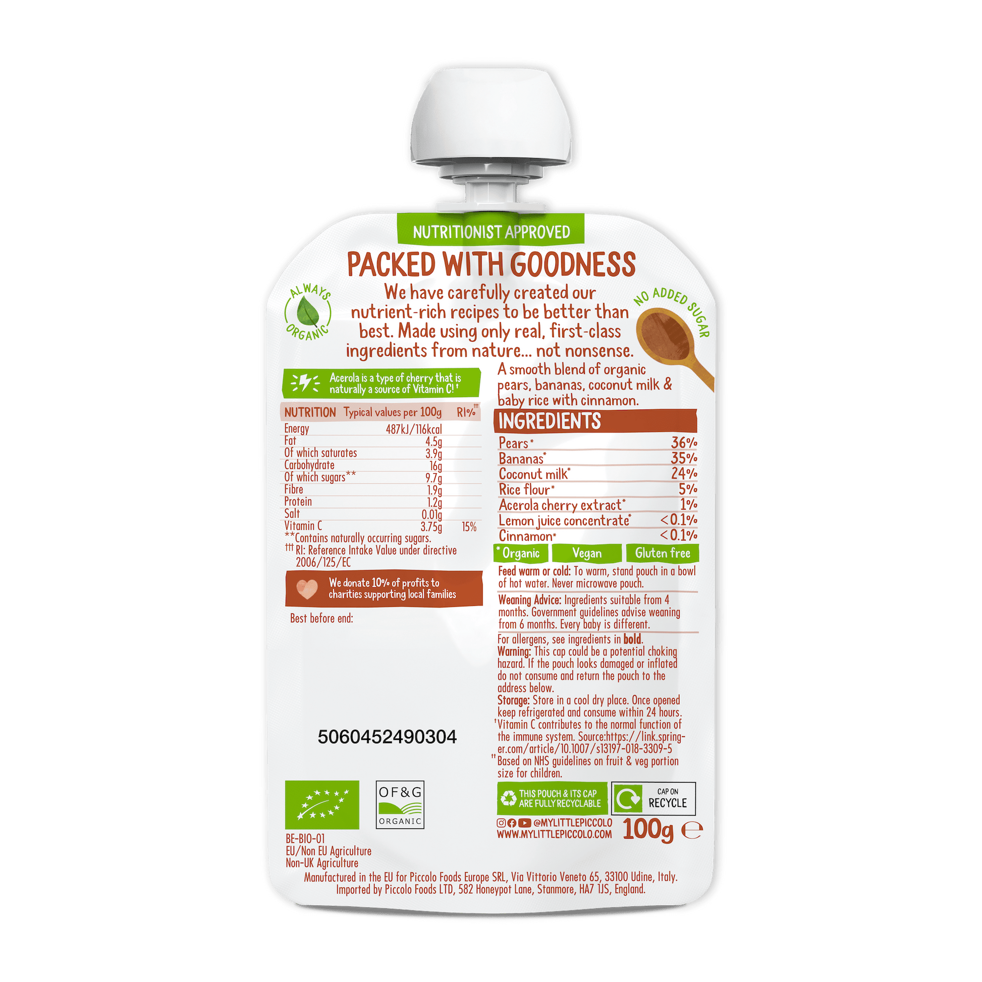 Piccolo Organic Pear Banana Coconut Milk & Baby Rice 100g 4m+ - REGN