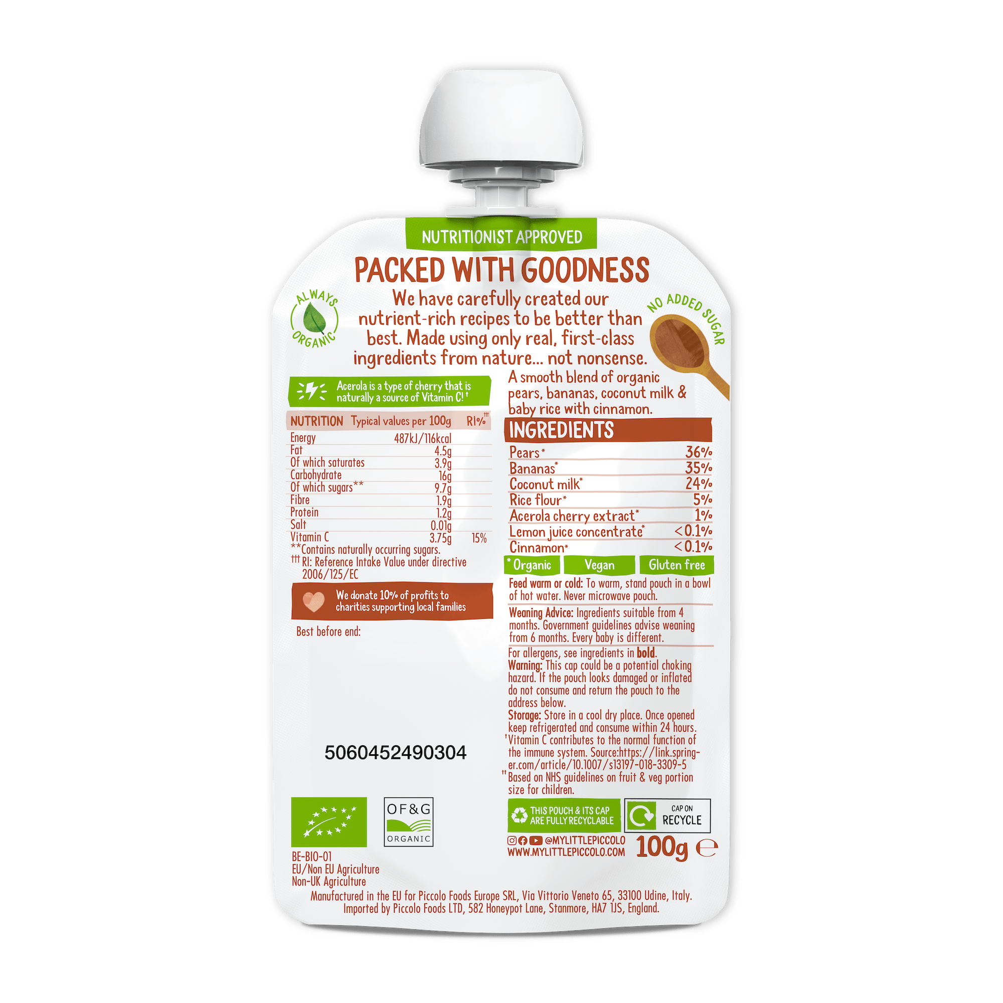 Piccolo Organic Pear Banana Coconut Milk & Baby Rice 100g 4m+ - REGN