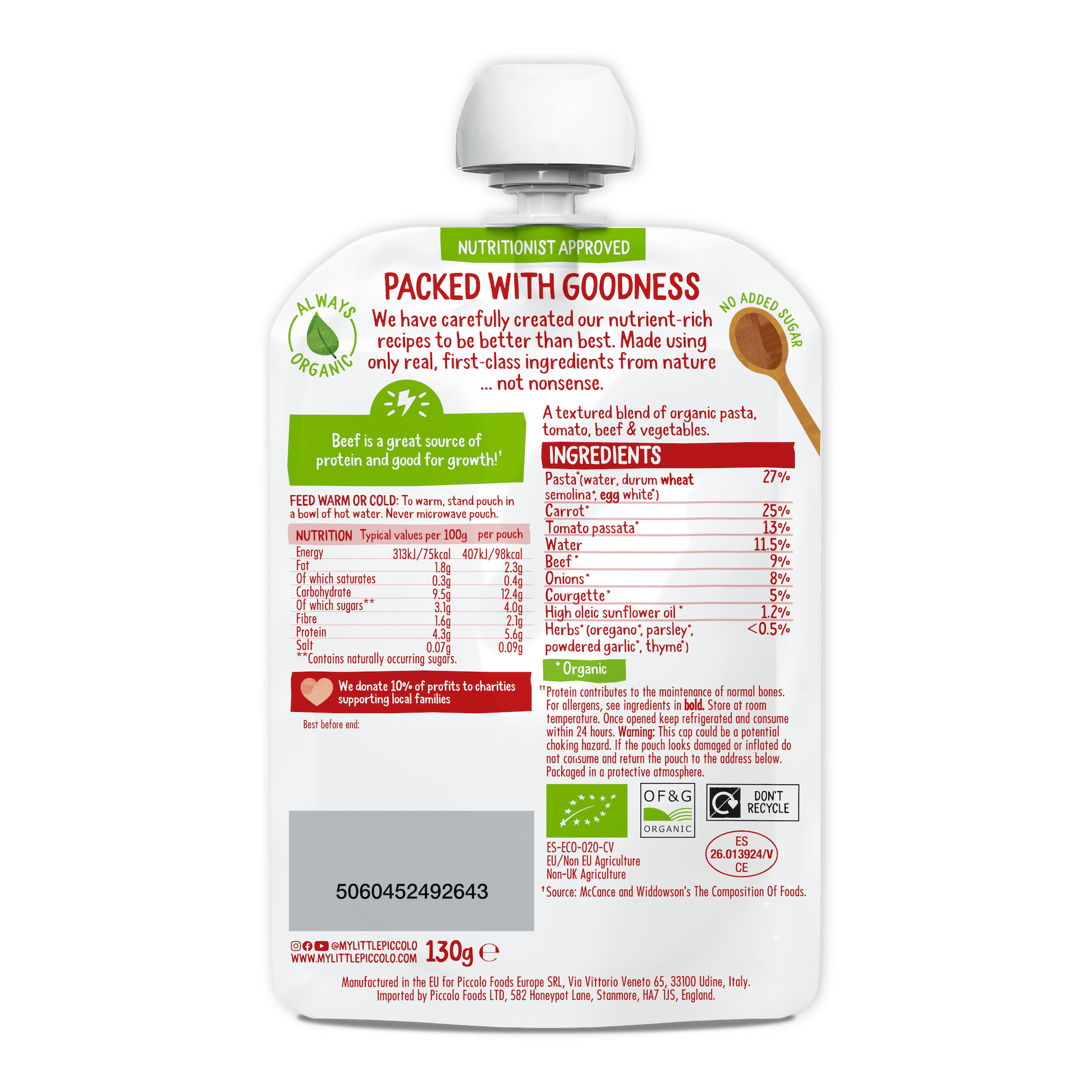 Piccolo Organic Spaghetti Bolognese Baby Food 130g 7m+ - REGN