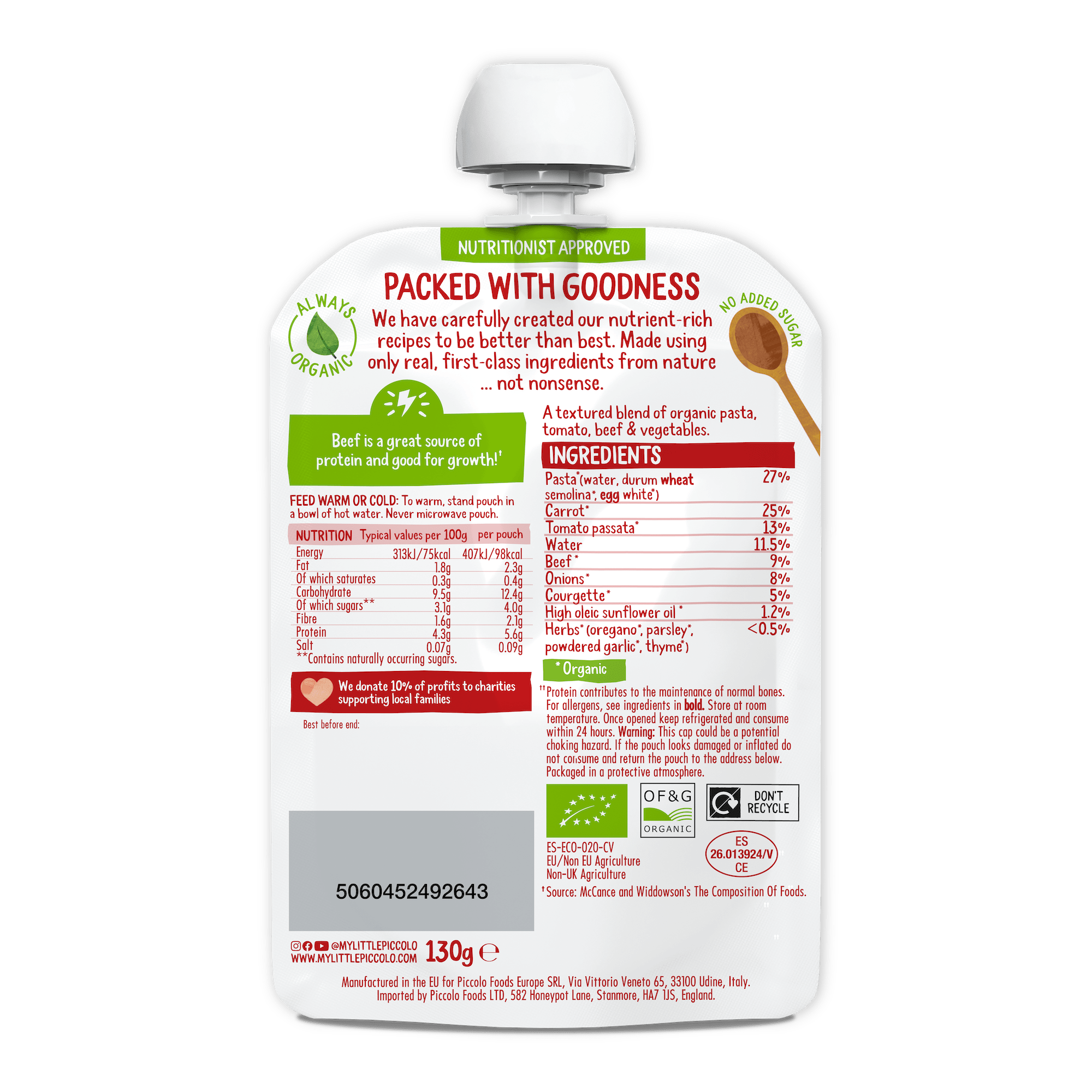 Piccolo Organic Spaghetti Bolognese Baby Food 130g 7m+ - REGN