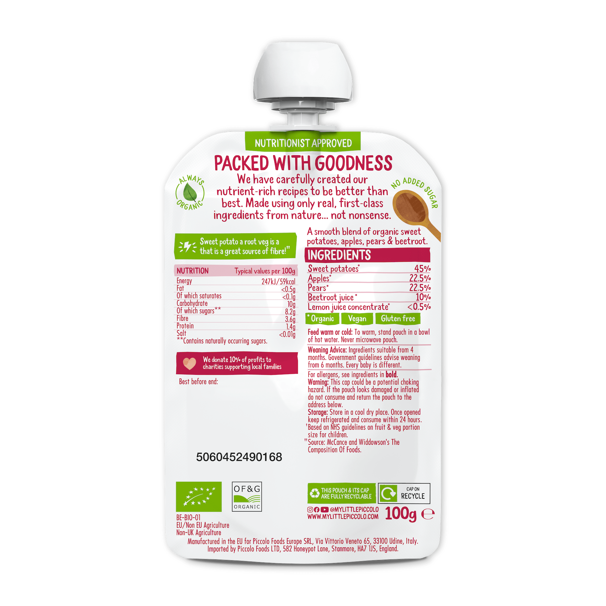 Piccolo Organic Sweet Potato Beetroot Pear & Apple Baby Food 100g - REGN