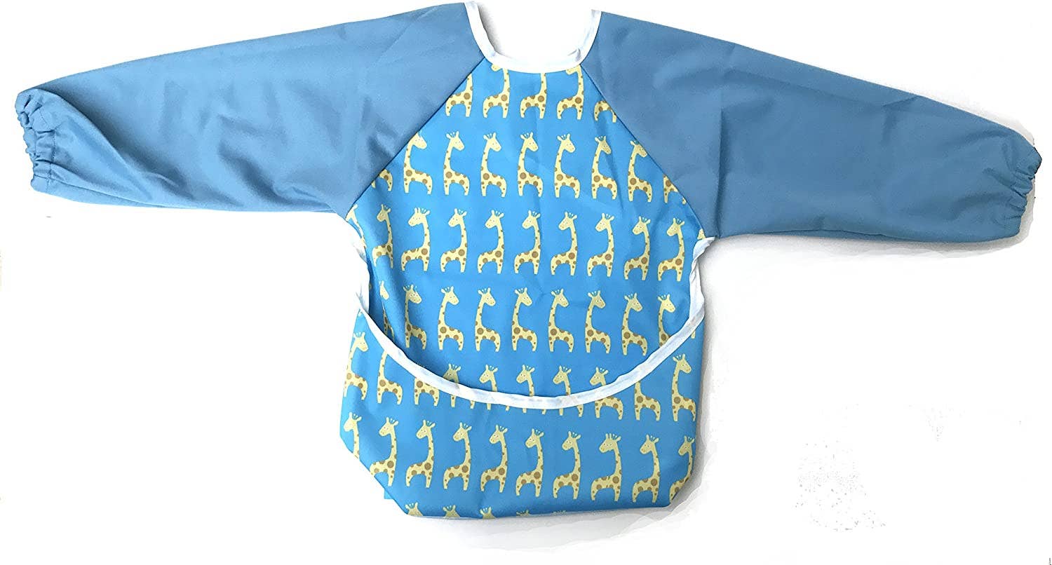 Premium Soft Long Sleeve Water Resistant Washable Bib – Blue Giraffe Design - REGN
