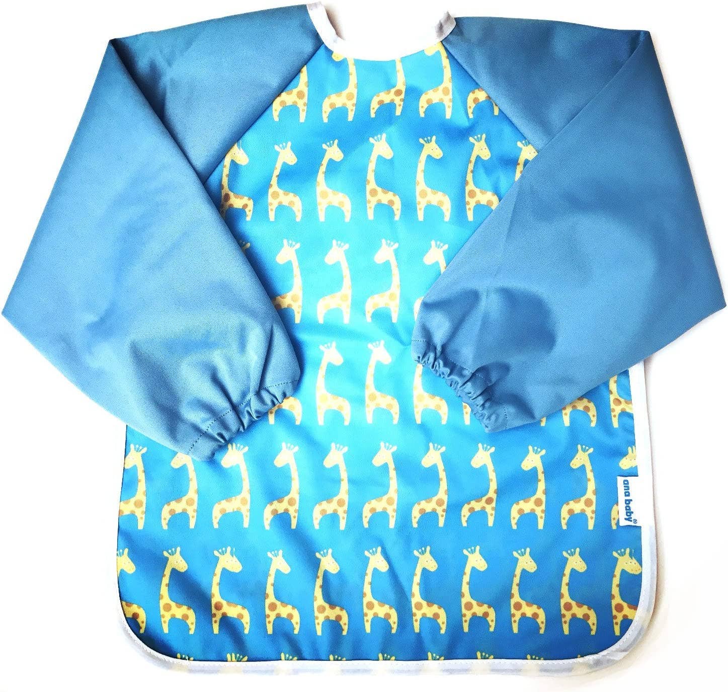 Premium Soft Long Sleeve Water Resistant Washable Bib – Blue Giraffe Design - REGN