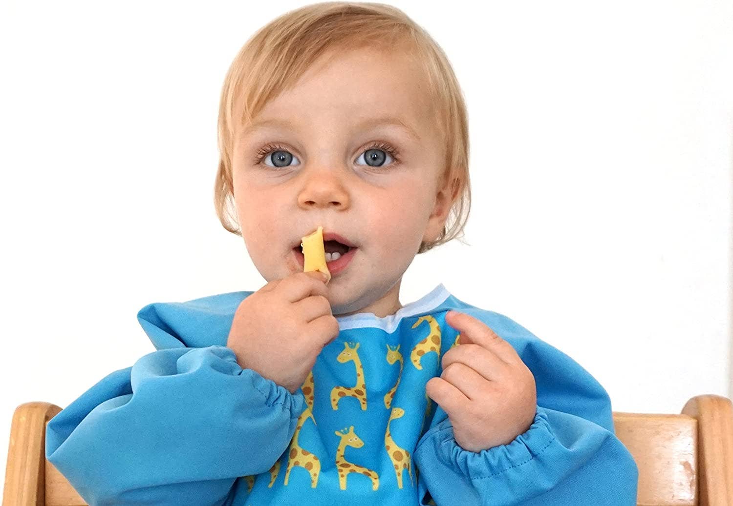 Premium Soft Long Sleeve Water Resistant Washable Bib – Blue Giraffe Design - REGN