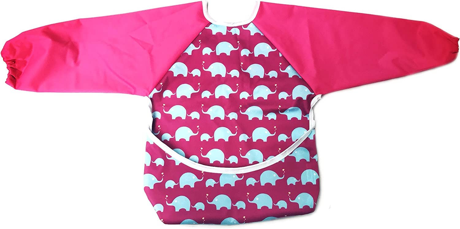 Premium Soft Long Sleeve Water Resistant Washable Bib – Pink Elephant Design - REGN